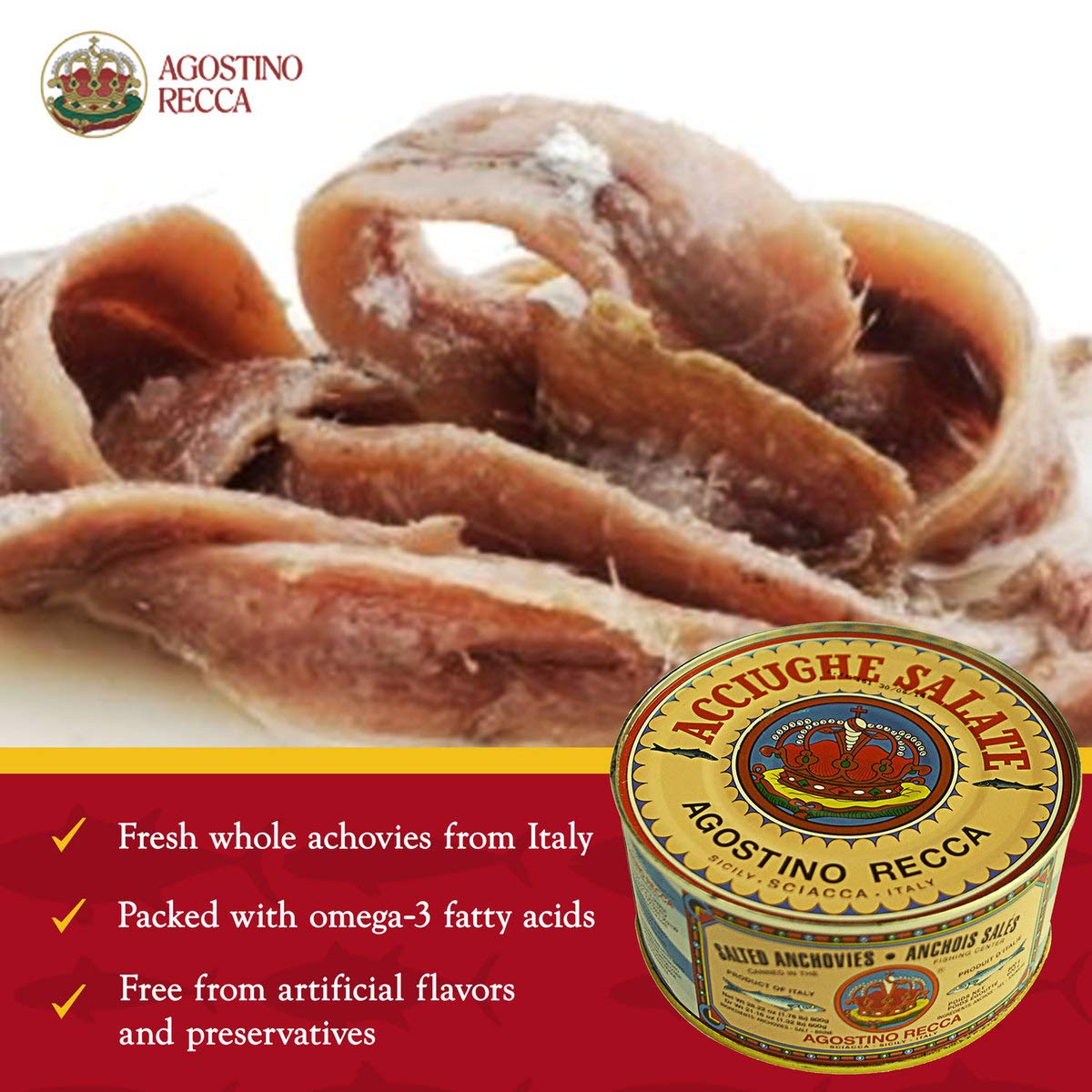 Premium Agostino Recca Italian Salted Whole Anchovies - 800g Can (Pack of 2) for Pizza Topping, Pasta Recipes & Gourmet Salads - Authentic Mediterranean Seafood Ingredient