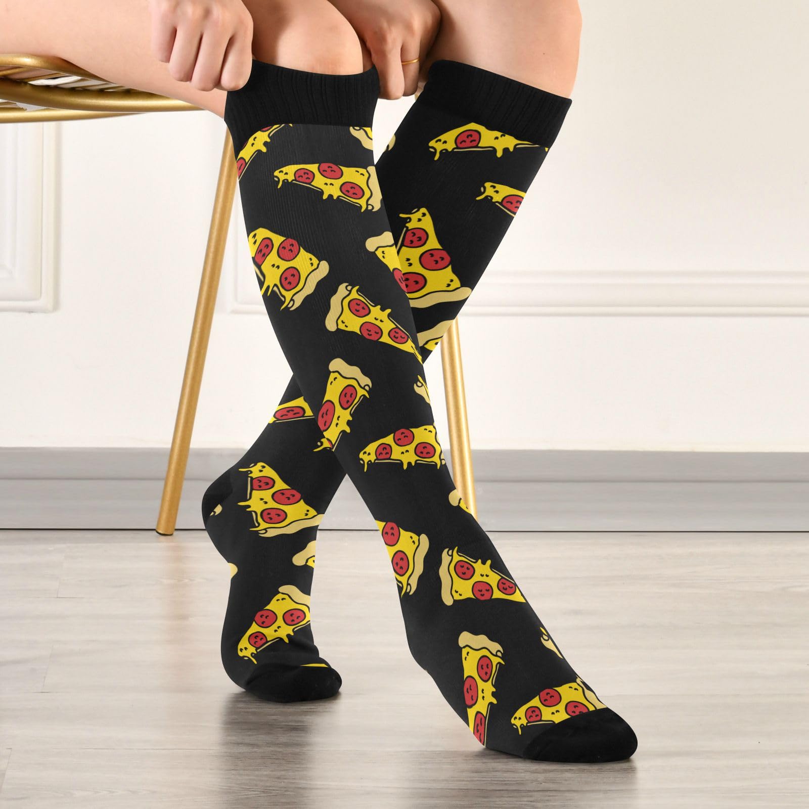 JUNZAN Pizza Doodle Pattern Knee High Compression Socks for Men & Kids - Black Athletic Socks for Running, Sports, Nursing - Perfect for Workouts, Hospital Shifts & Casual Wear