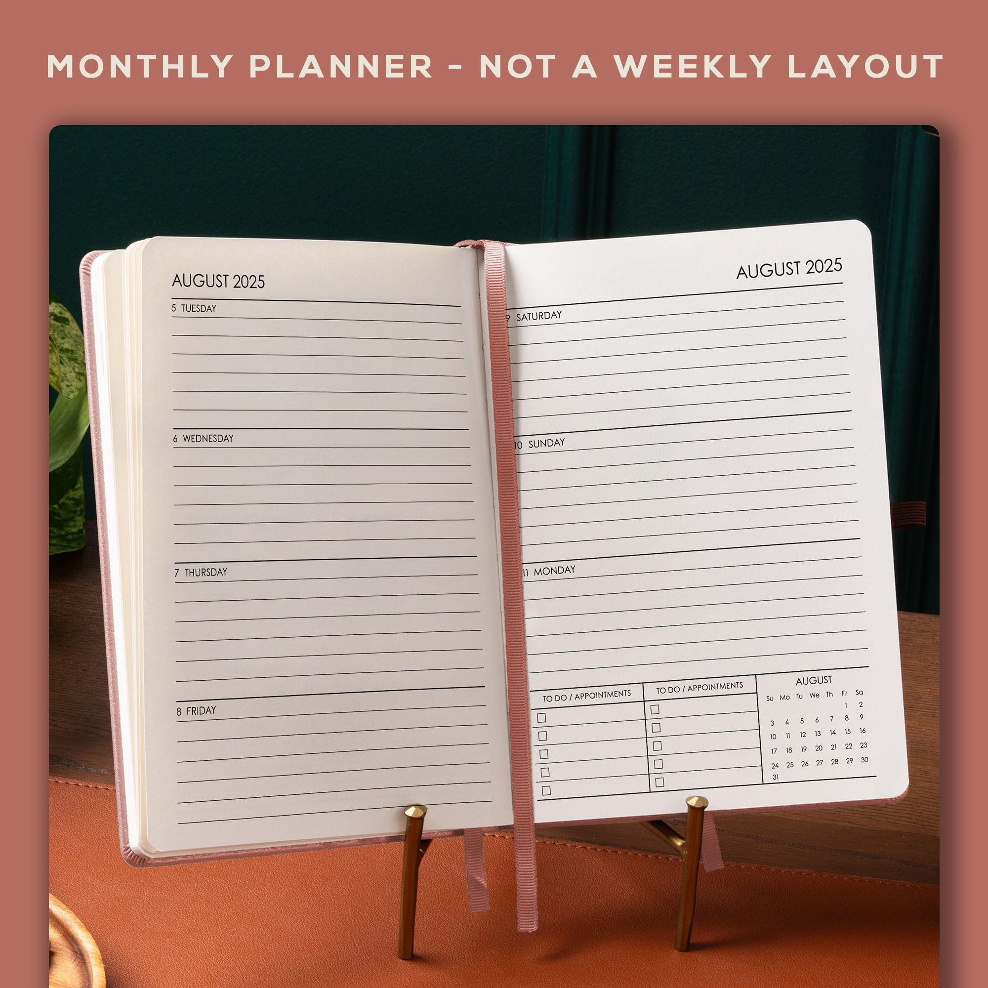 Beechmore Books 2025 Planner - A5 Size, Rose Vegan Leather Hardcover Journal | 120gsm Thick Paper, Year & Month View, Goal Setting & Appointment Sections | Perfect for Daily Planning, Work Organization & Gift Giving
