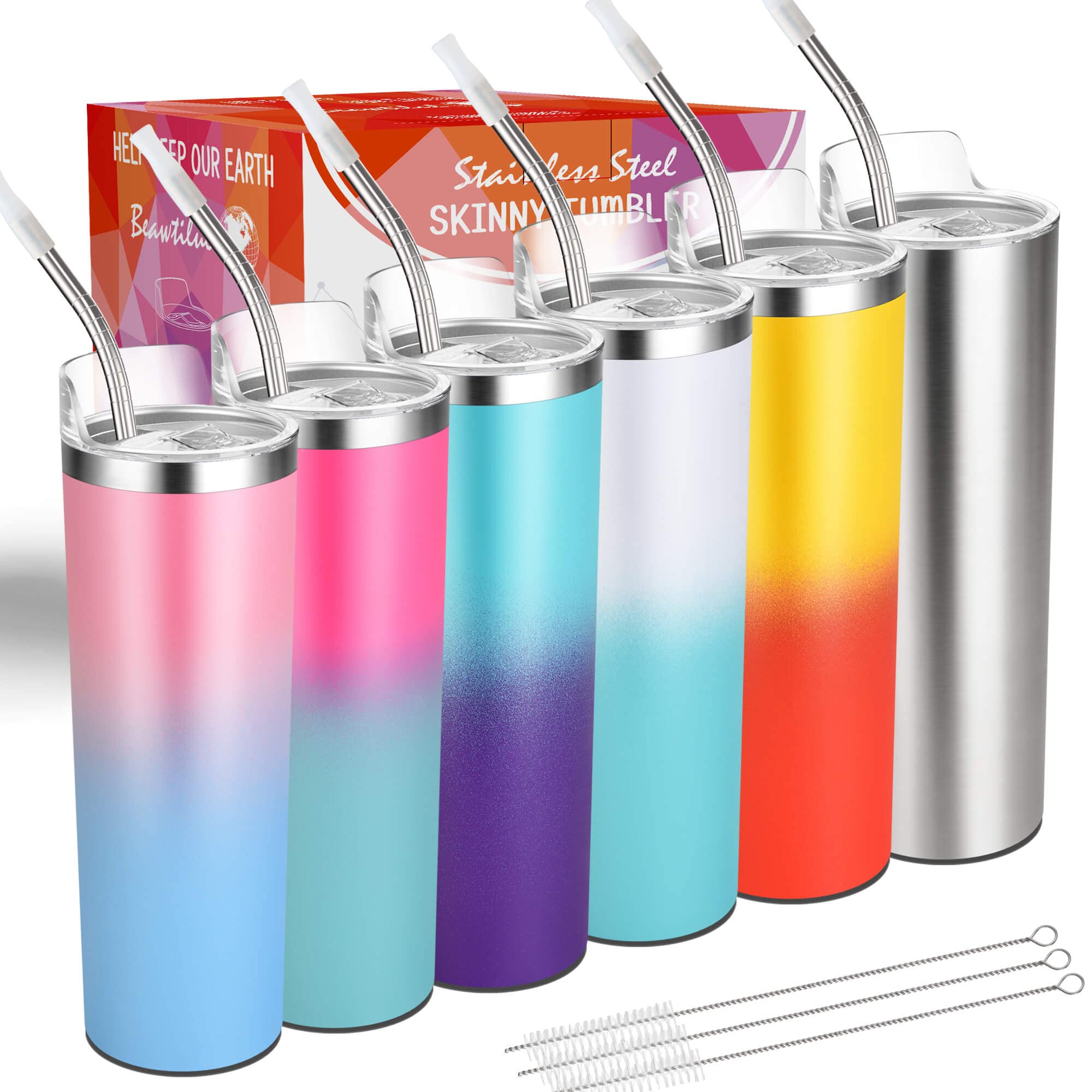 THILY 22oz Stainless Steel Vacuum Insulated Travel Tumblers - 6 Pack Powder Coated Coffee Mugs with Lids & Straws, Leakproof & Non-Slip, Keeps Drinks Cold/Hot for Hours - Perfect for Office, Gym, Hiking & Road Trips