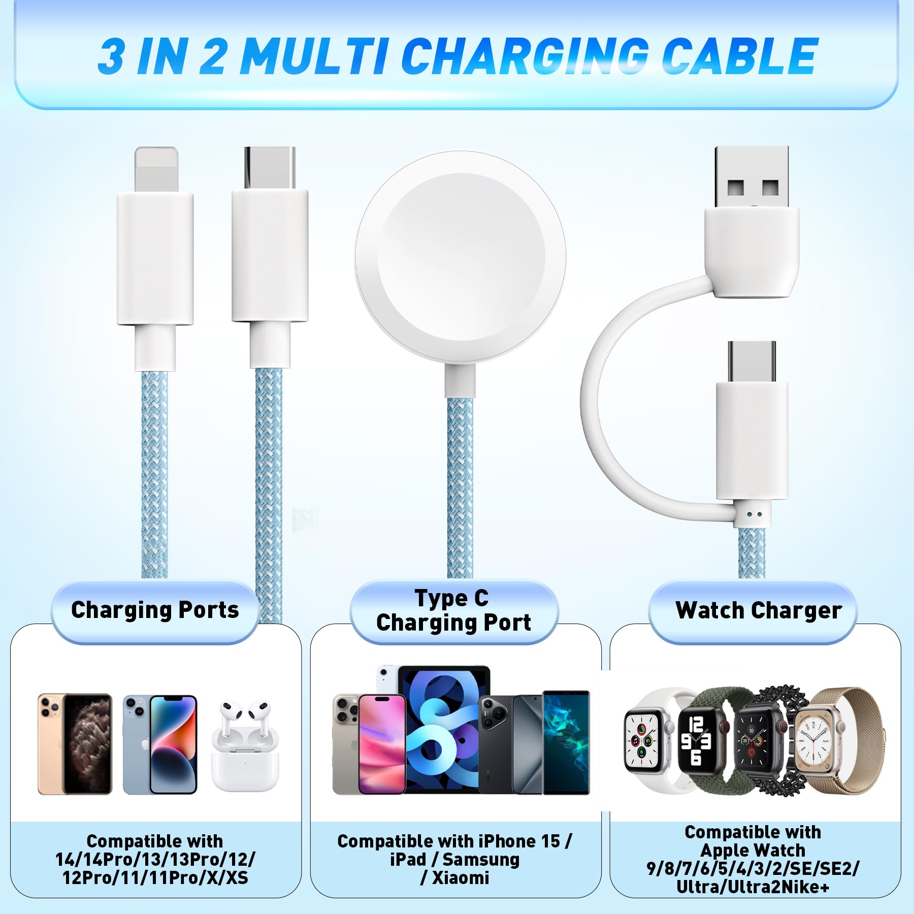 Premium 3-in-1 USB C Watch Phone Charger Cable - Compatible with Apple Watch Ultra/SE/Series 1-8, iPhone, Android & More - 4FT/1.2M Fast Charging Cord (Blue) - Perfect for Travel, Office & Home Use