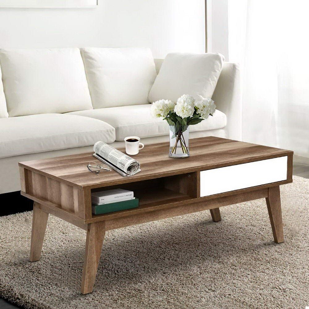 Modern Scandinavian White Wooden Coffee Table with 2 Storage Drawers & Open Shelf - Perfect for Living Room, Lounge & Small Space Decor