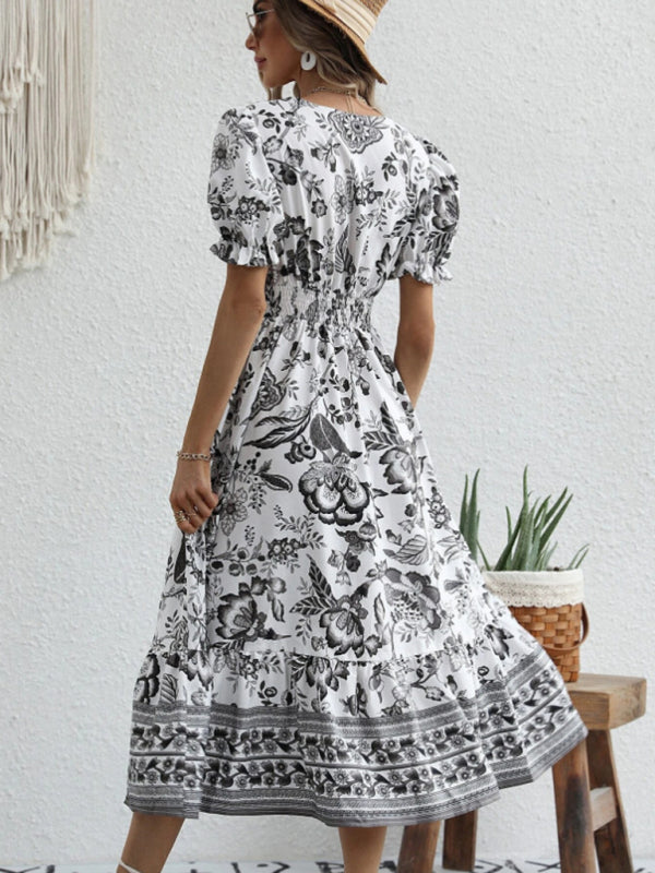 Women's A-Line Maxi Dress with V-Neck & Floral Print - Casual Summer Beach Dress for Vacation, Party & Outdoor Events