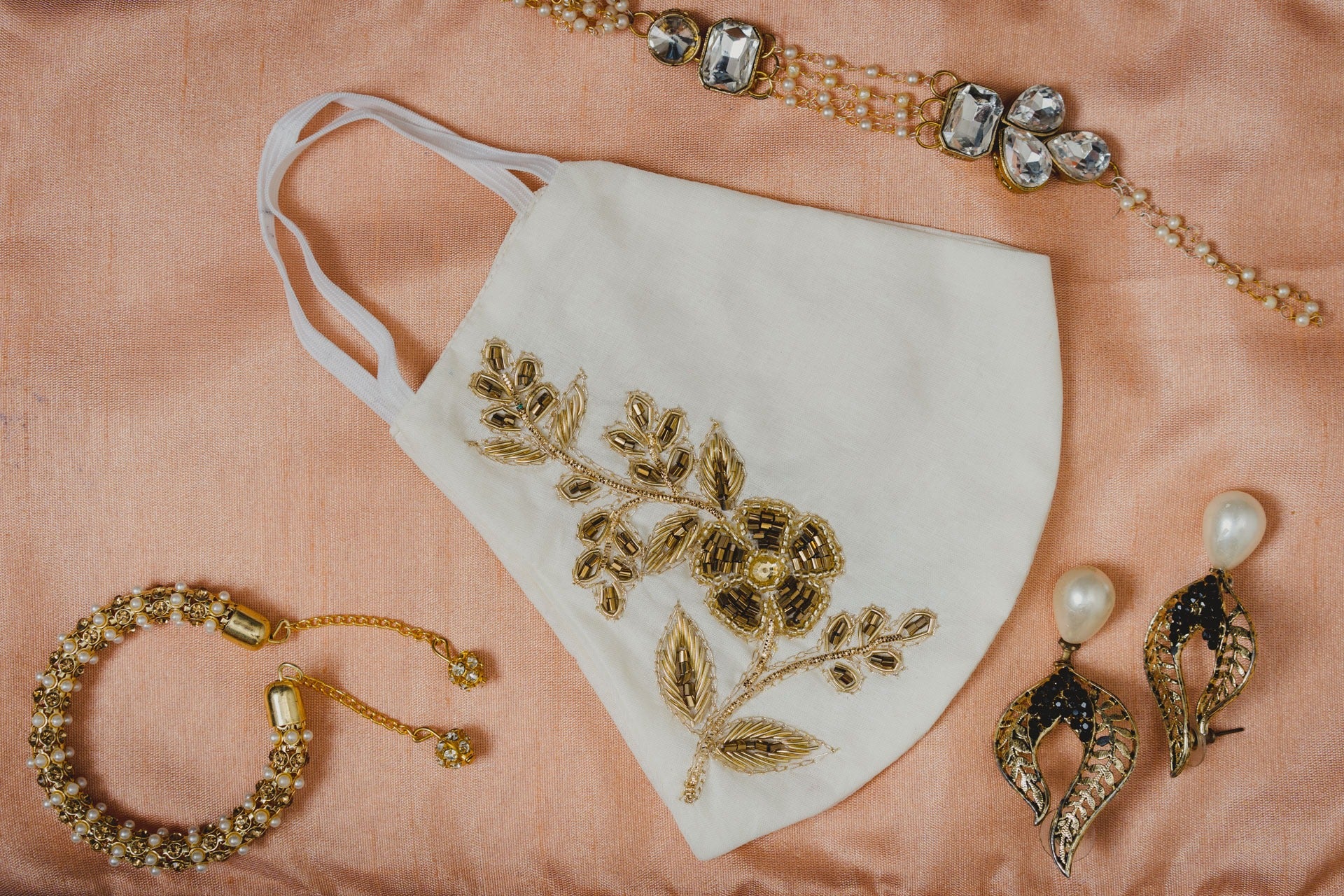 Floral Embroidered Cotton Face Mask - Soft & Breathable Cream Fabric for Daily Wear, Travel & Outdoor Activities