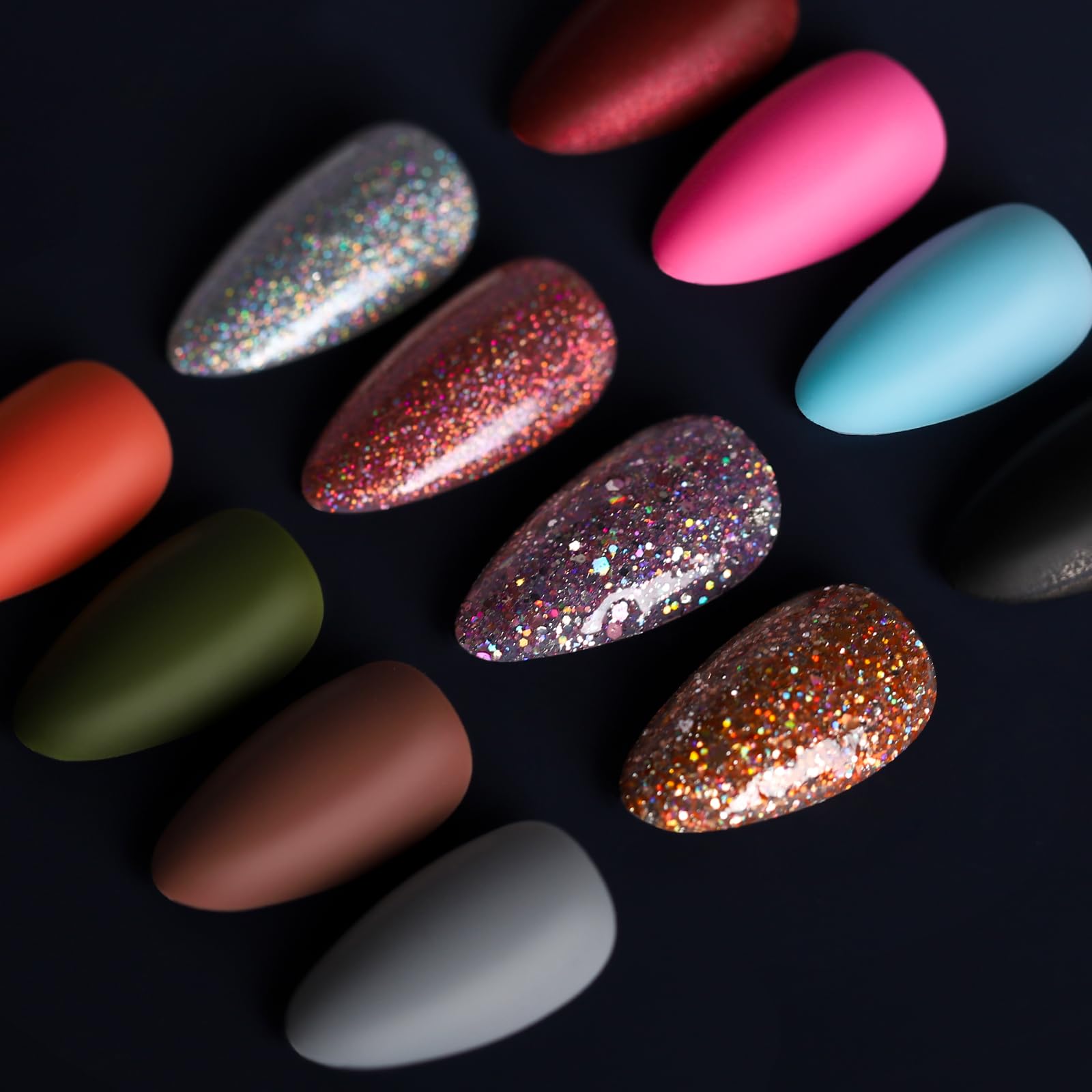 Teenitor Short Almond Press on Nails for Women - 12 Colors Fake Nails with Glue, Glitter & Matte False Nails | Easy DIY Manicure for Parties, Weddings & Everyday Wear