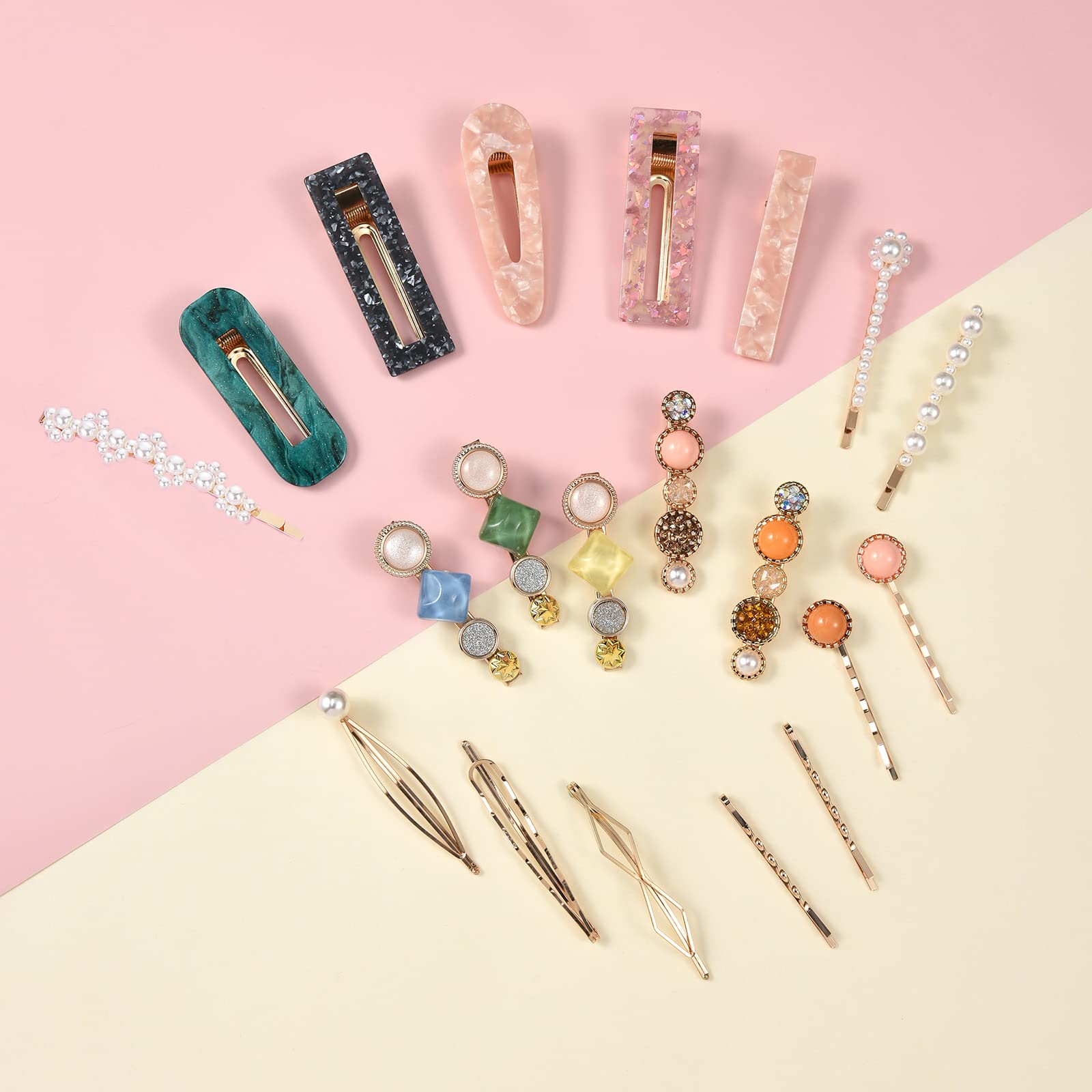20 PCS Handmade Pearl & Acrylic Resin Hair Clips - Elegant Gold Hair Barrettes, Marble Alligator Bobby Pins, Glitter Crystal Geometric Hairpins for Women & Girls | Wedding, Party & Daily Hair Accessories Gift Set