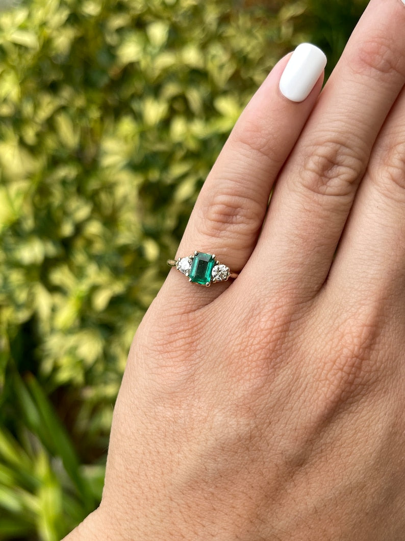 1.38tcw Dark Bluish Green Emerald & Brilliant Round Diamond 3 Stone Ring in 14K Gold - Elegant Jewelry for Weddings, Anniversaries & Special Occasions