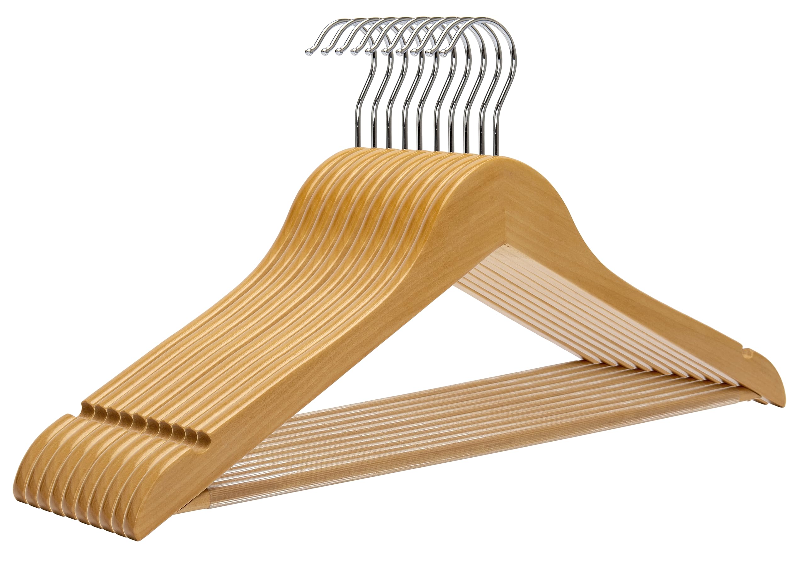 10 Pack Wooden Hangers - Non-Slip Solid Wood Coat Hangers with 360° Swivel Hook & Notches for Shirts, Suits, Jackets & Dresses | Natural Wood Finish (HL01N) | Perfect for Closet Organization & Garment Protection
