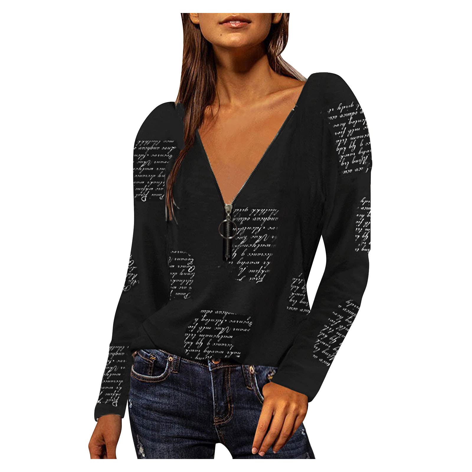 Women's V-Neck Mesh Long Sleeve T-Shirt - Casual Loose Fit Pullover Blouse in Black | Perfect for Everyday Wear, Layering & Office Outfits