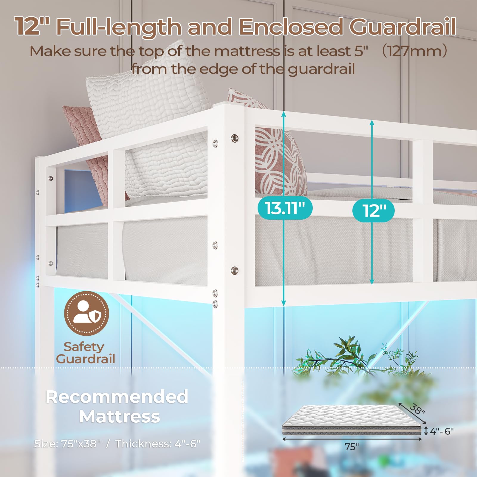 DICTAC Twin Size Loft Bed with LED Lights - Heavy Duty Metal Junior Loft Bed Frame with Full-Length Guardrail & Ladder | Noise-Free, Space-Saving Design | No Box Spring Needed | White | Perfect for Kids' Rooms, Dormitories & Small Spaces