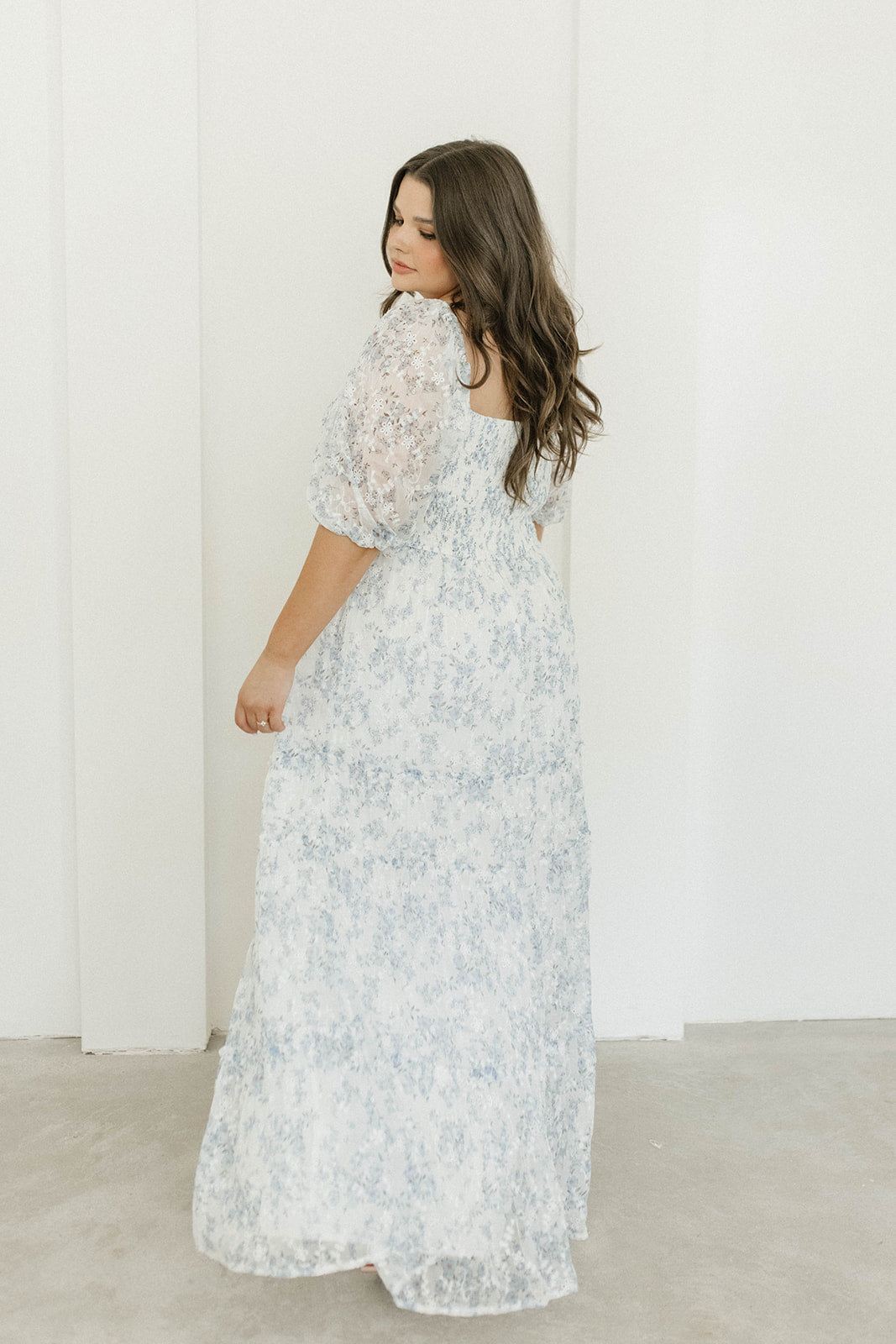 Blue and White Floral Daphne High Slit Eyelet Detail Maxi Dress - Plus Size & Inclusive Sizing - Perfect for Summer Weddings, Beach Vacations & Boho Fashion