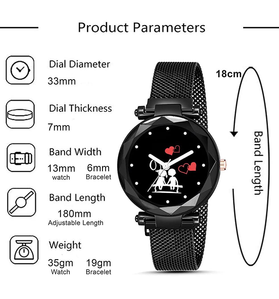 RUSTET Analog Black Dial Magnetic Watch with Gift Bracelet for Women & Girls (3-Piece Set) - Perfect for Everyday Wear, Fashion Accessories & Gift Giving