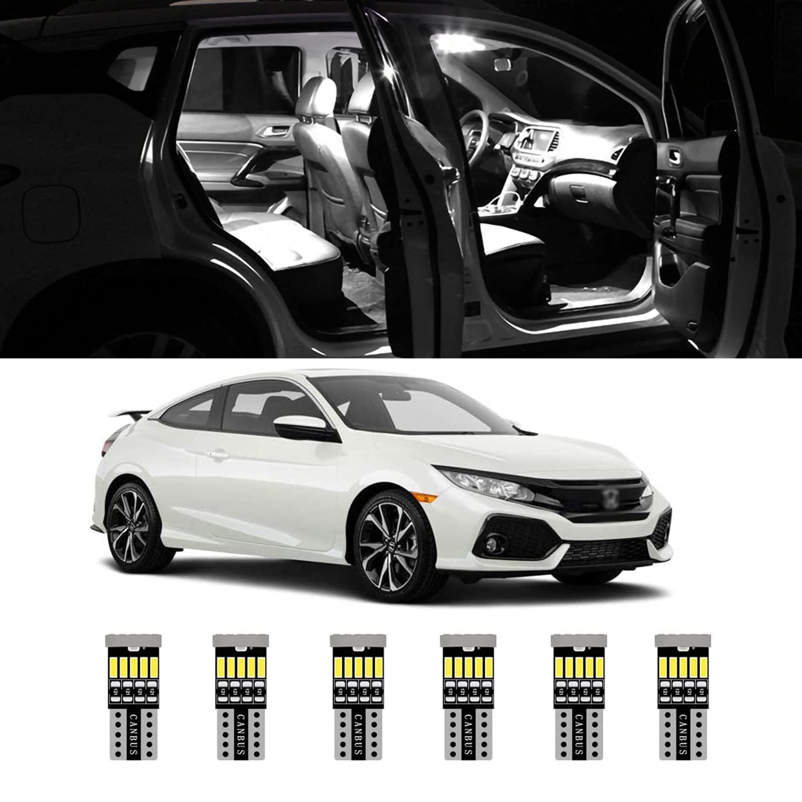AWALITED 6-Piece White Interior LED Light Kit for 2016-2021 Honda Civic - Super Bright LED Map Dome Cargo Replacement Bulbs - Upgrade Car Interior Lighting for Night Driving & Enhanced Visibility