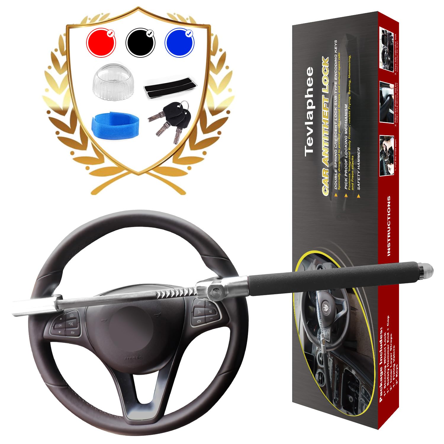 Tevlaphee Universal Steering Wheel Lock - Anti-Theft Car Security Device with Adjustable Double Hook, Emergency Hammer & Window Breaker for Self Defense - Heavy Duty Vehicle Protection (Black) | Ideal for Parking Security & Roadside Emergencies