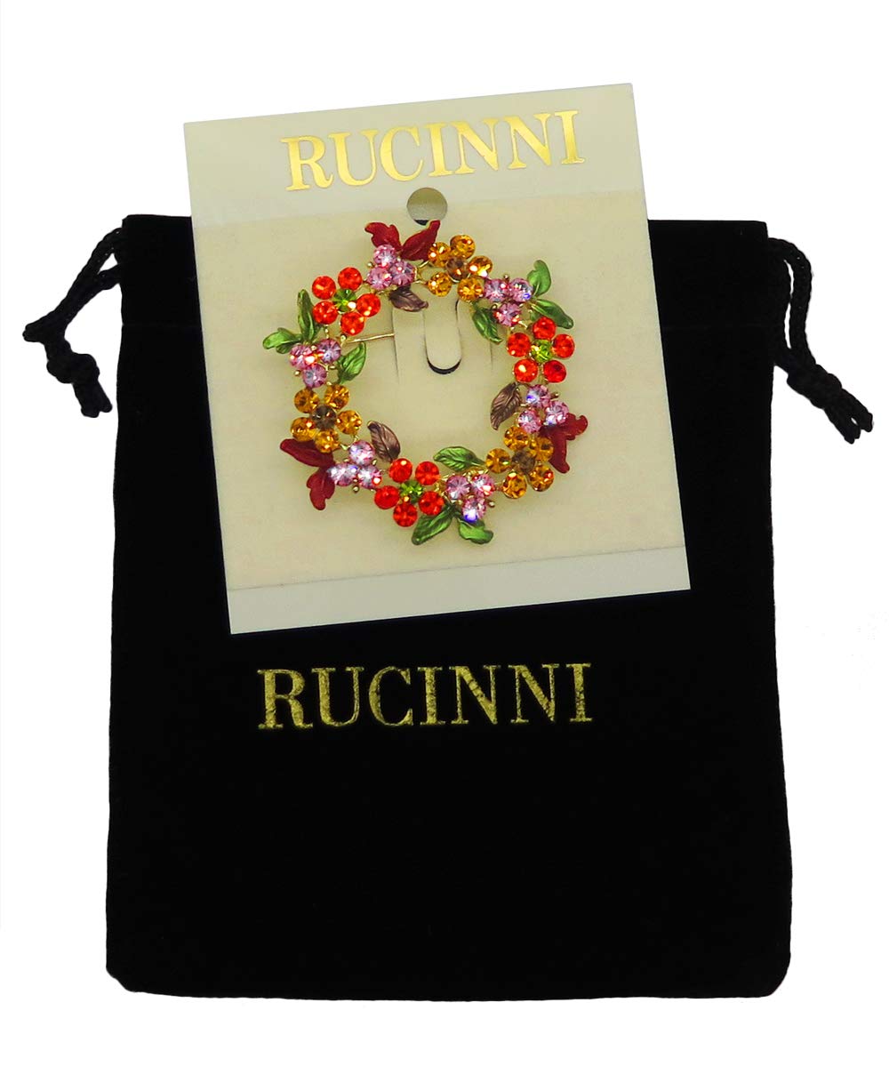 RUCINNI Gold Plated Xmas Wreath Brooch with Preciosa Crystals - Perfect for Holiday Parties & Gifts