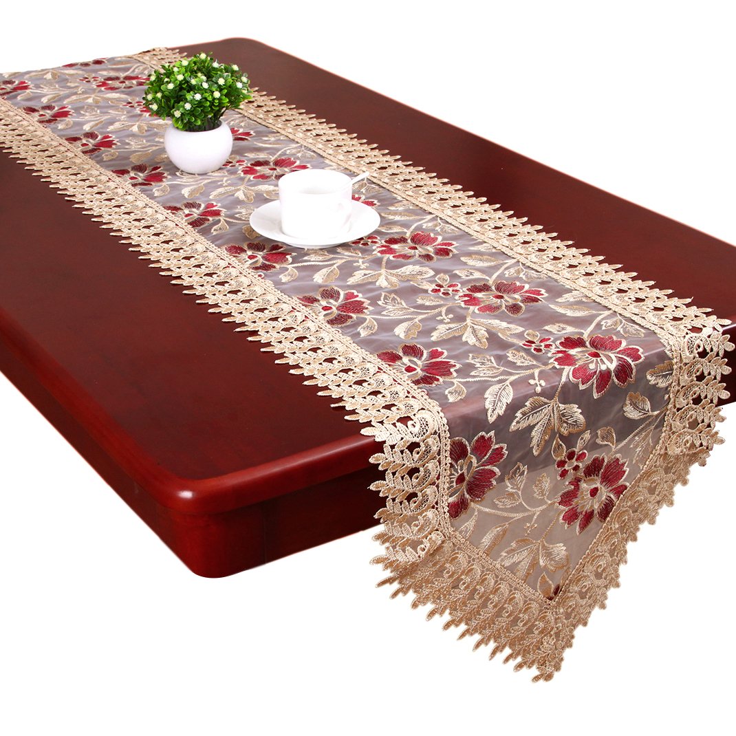 Elegant Burgundy Lace Table Runner - 13x54 Inch Wedding Dining Decor, Dresser Scarf for Bedroom & Buffet Table - Perfect for Romantic Dinners, Bridal Showers & Home Decor