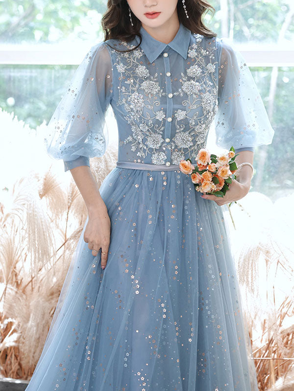 Elegant Blue Tulle Lace Sequin Long Prom Dress - A-Line Evening Gown for Formal Events, Homecoming, and Special Occasions