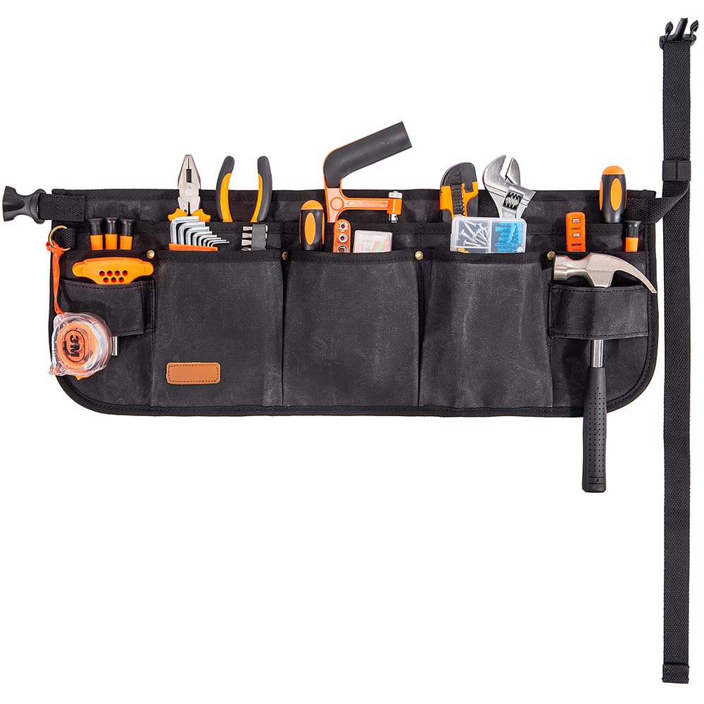 Heavy Duty Waxed Canvas Tool Waist Apron with 10 Pockets & 2 Hammer Loops - Adjustable Length Black Work Belt for Carpenters, Electricians & DIY Projects