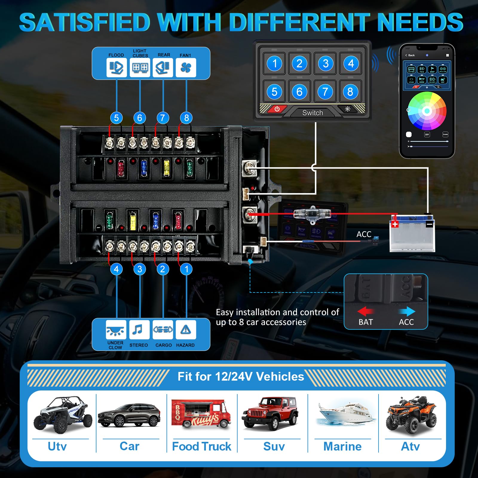 8 Gang RGB Switch Panel with APP & Bluetooth Control - Waterproof Aluminum Remote Switch Panel for RV, Car, UTV, Truck & Trailer - Perfect for Off-Road Adventures & Vehicle Customization