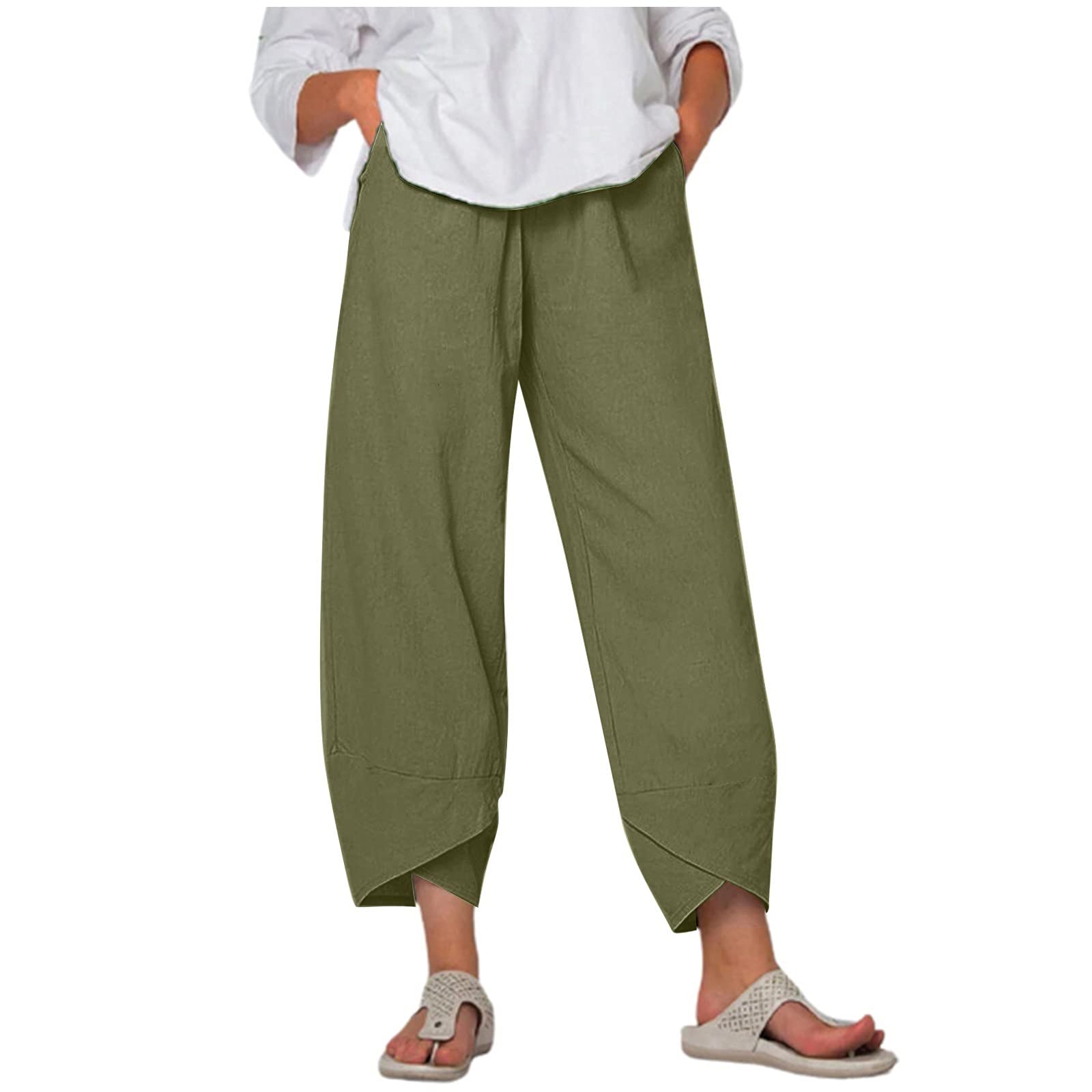 Women's Casual Linen Pants - Comfortable Elastic Waist Beach Pants with Pockets for Summer | Lounge, Travel & Home Wear