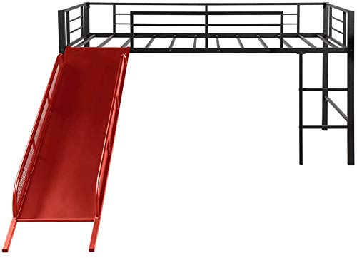 **Metal Twin Low Loft Bed with Slide & Guardrails for Kids - Safe Toddler Bed for Boys & Girls, No Box Spring Needed, Space-Saving Multifunctional Design (Red) - Perfect for Small Bedrooms, Playrooms & Dorm Decor**