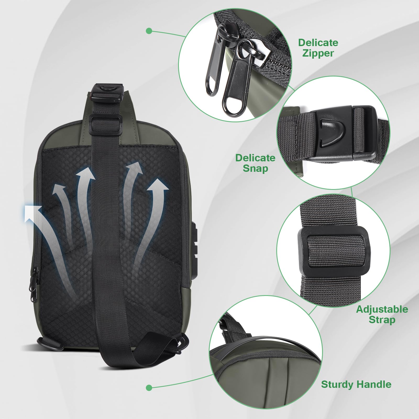 Geestock Anti-Theft Crossbody Sling Bag for Men - Waterproof Chest Shoulder Bag with USB Charging Port & Password Lock - PU Leather Casual Backpack (Green) - Perfect for Travel, Gym, Hiking & Everyday Use