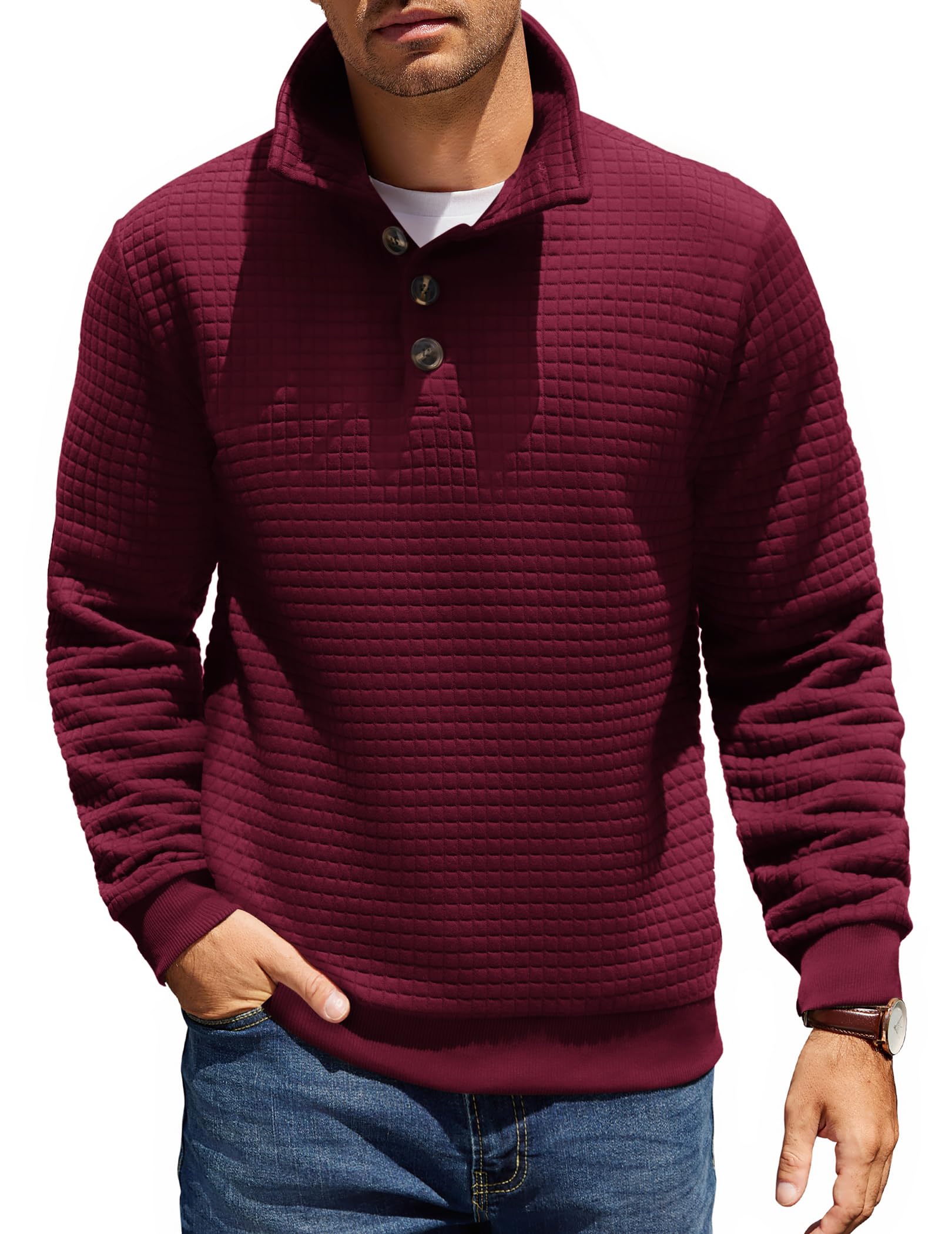 COOFANDY Men's Quilted Quarter Pullover Sweatshirt - Casual Knit Long Sleeve Mock Neck Waffle Collar Sweater | Winter Layering, Outdoor Activities, Office Wear