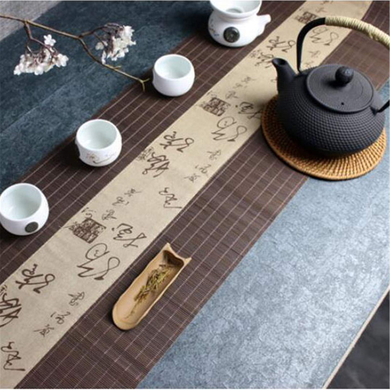 Japanese Style Bamboo Table Runner - Waterproof Kitchen Decor, Tea & Coffee Dining Table Insulation Placemat with Fabric Pattern (Brown, 51x12 inches) - Perfect for Home, Restaurant, and Tea Ceremony Decorations