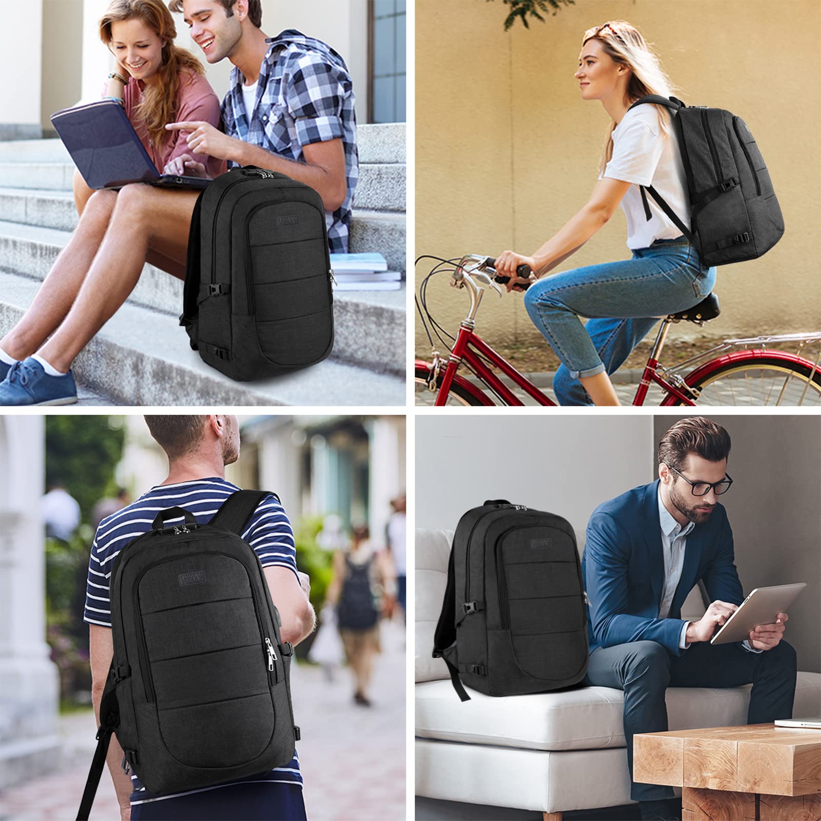 VSNOON Anti-Theft Laptop Backpack for 15.6-17.3 Inch Business & Travel, USB Charging Port & Lock, Water Resistant Computer Bag for Women & Men, Black – Ideal for Commuting, Work & Study