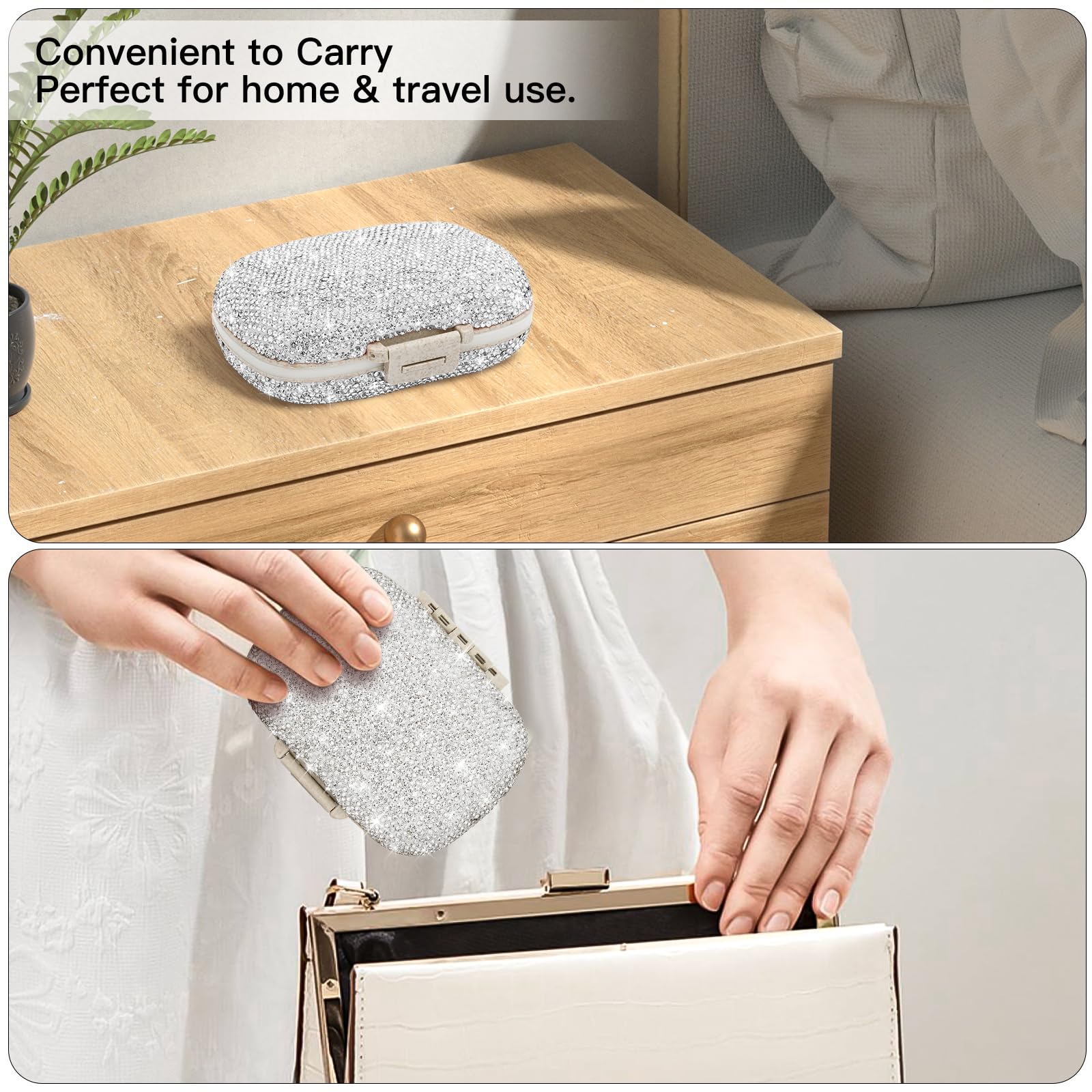 Soleebee 8-Compartment Portable Pill Organizer - Bling Crystal Diamond Pill Box for Daily Vitamins, Fish Oil & Medication - Compact Travel Pill Case for Home, Office & On-The-Go (Silver)
