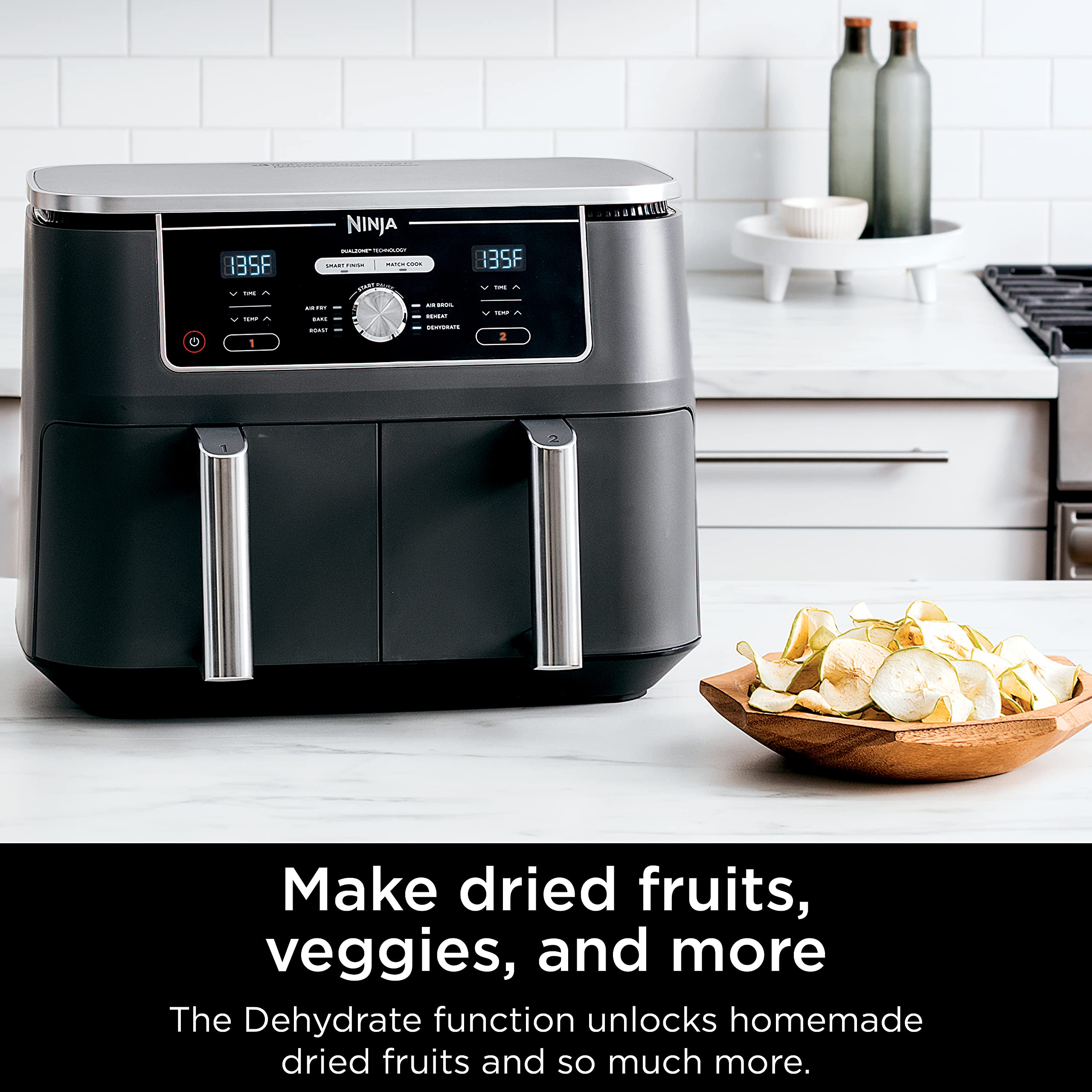 Ninja DZ401 Foodi 10 Quart 6-in-1 DualZone XL 2-Basket Air Fryer with Independent Frying Baskets - Roast, Broil, Dehydrate - Smart Finish & Match Cook Technology - Large Capacity for Family Meals - Grey - Perfect for Quick Cooking, Healthy Meals & Party Snacks
