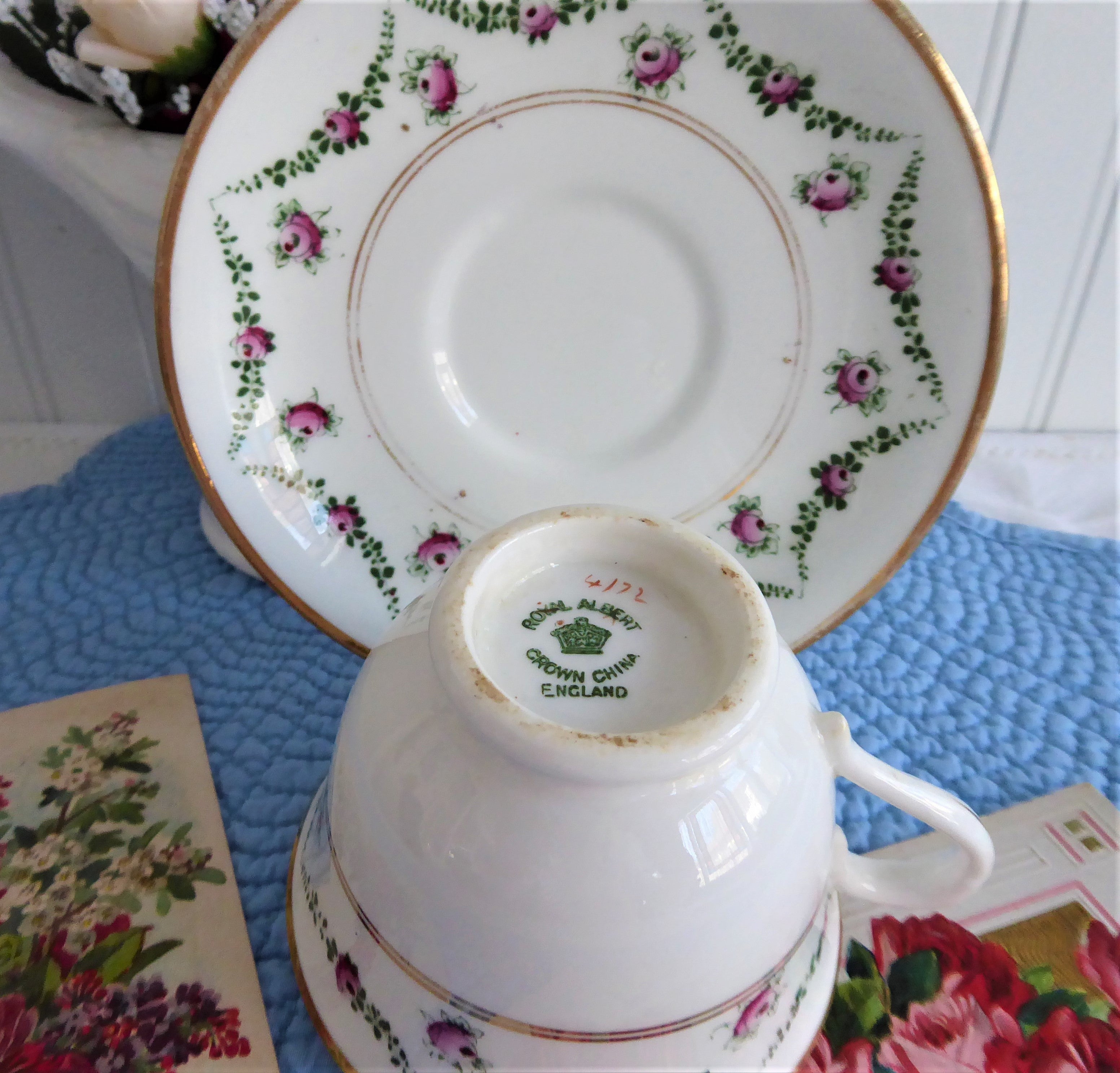 Vintage Edwardian Royal Albert Crown Cup & Saucer Set - Rosebud Swags with Gold Trim (1910 Bone China) - Elegant Floral Tea Set for Afternoon Tea, Wedding Gifts & Vintage Collectibles
