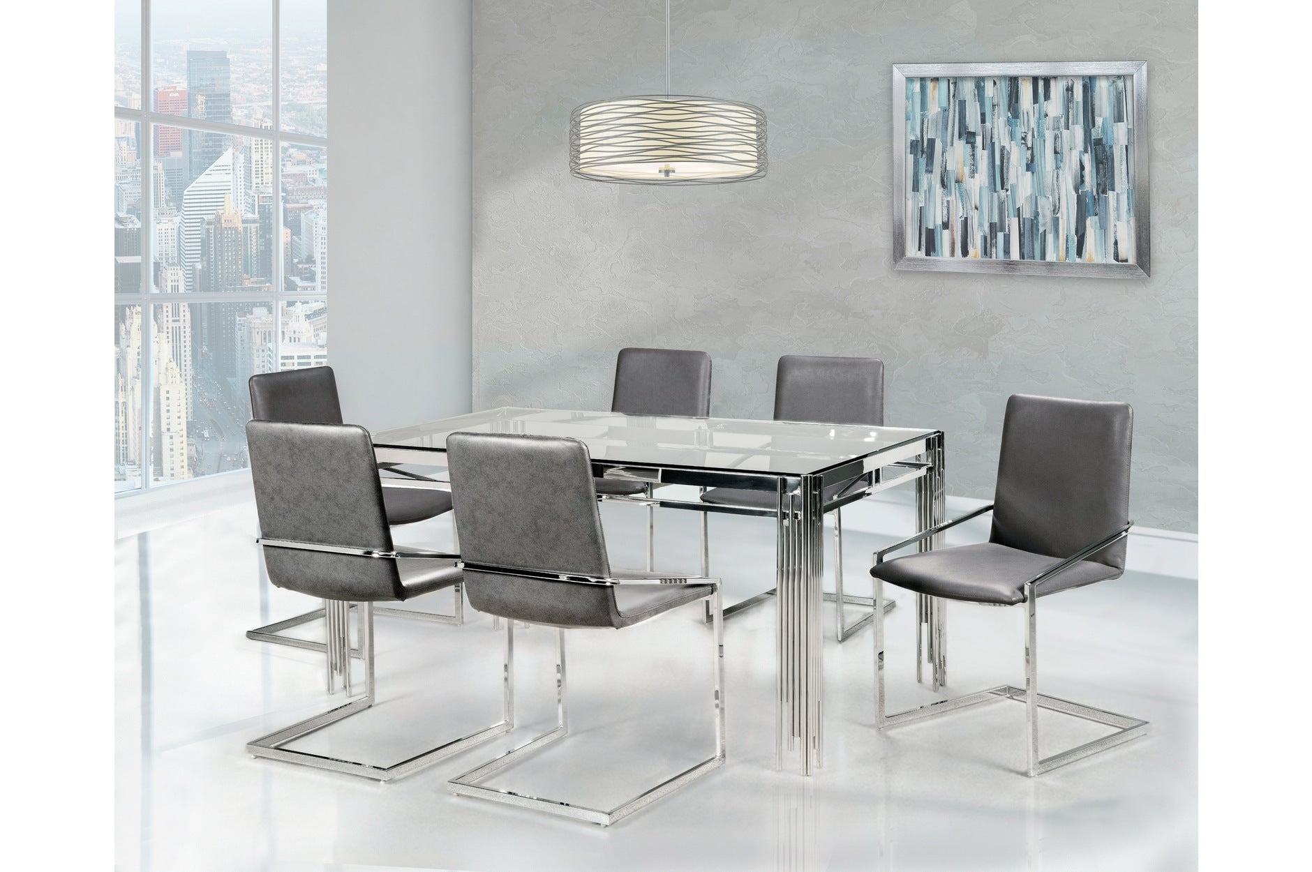 7-Piece Porfirio Dining Set with Jasmine Grey Side Chairs - Modern Kitchen & Dining Room Furniture for Family Gatherings & Dinner Parties
