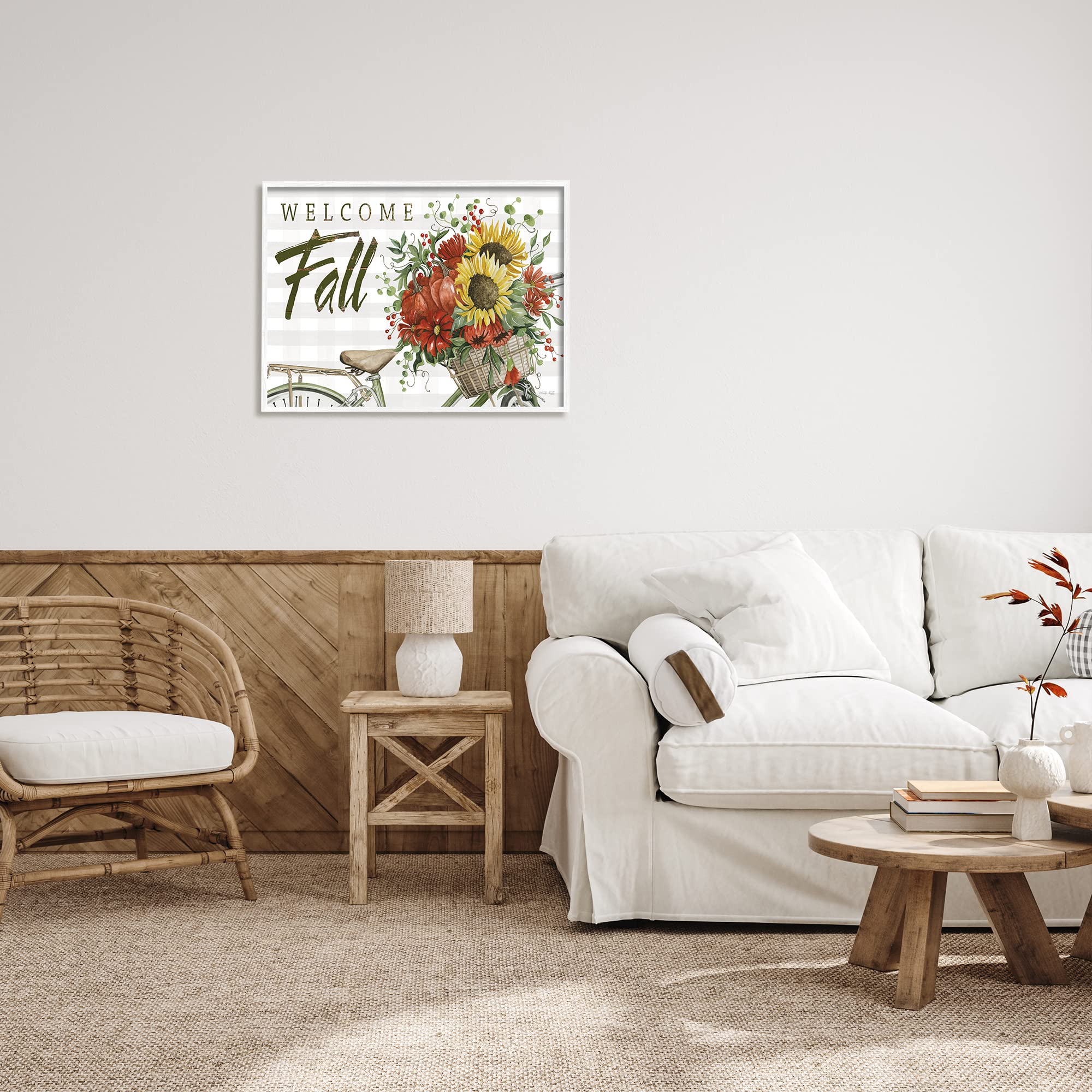 Stupell Industries Welcome Fall Autumnal Flower Bicycle Basket Framed Wall Art - Rustic Home Decor for Living Room, Bedroom & Office - Seasonal Autumn Decoration by Cindy Jacobs
