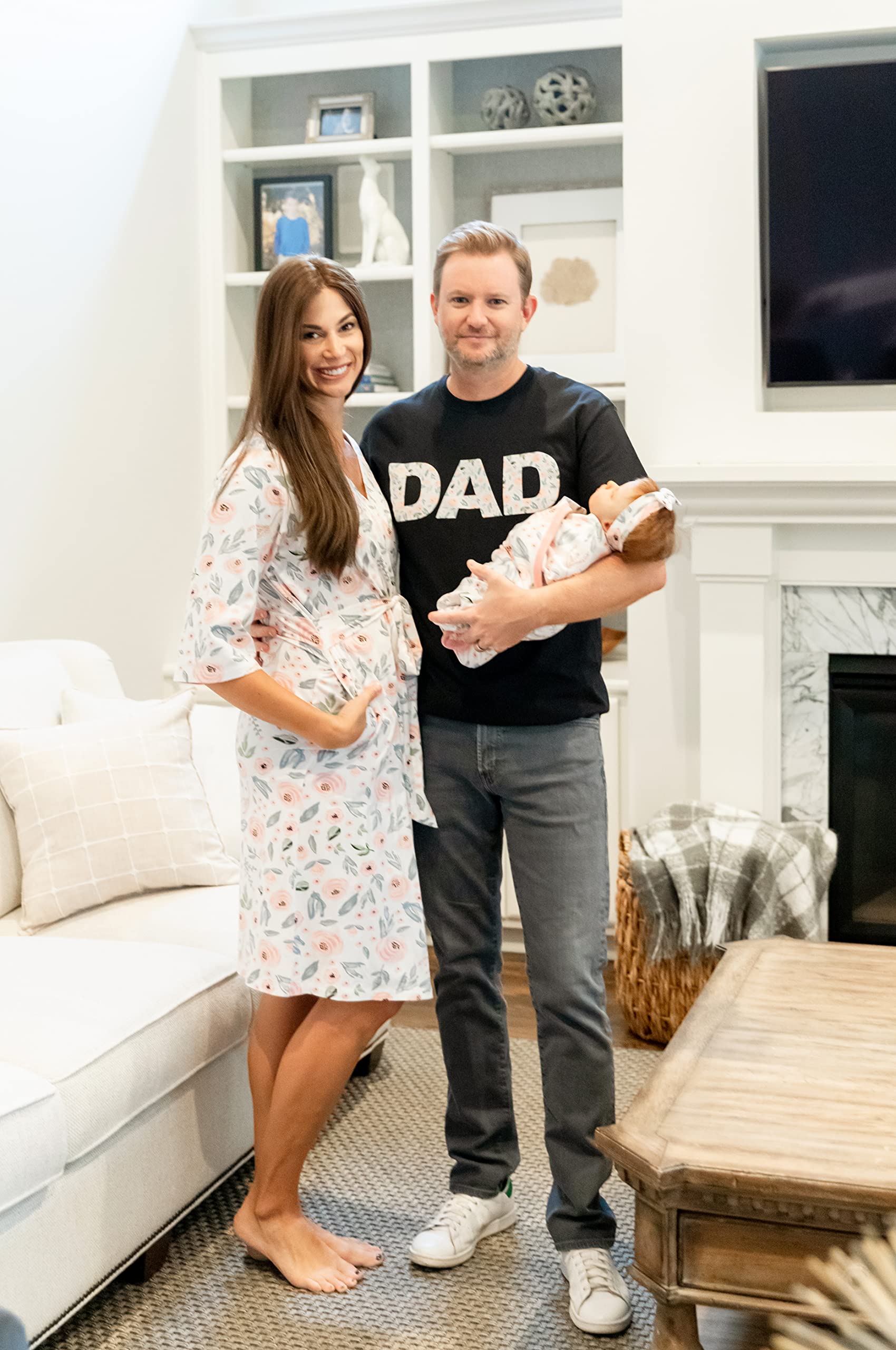 Baby Be Mine Maternity Nursing Robe & Swaddle Blanket Set with Daddy T-Shirt - Soft Delivery Gown for New Moms & Newborn Baby Girl (Small/Medium Robe, Large T-Shirt, Ivy Green) - Perfect for Hospital Birth, Breastfeeding & Family Photo Shoots