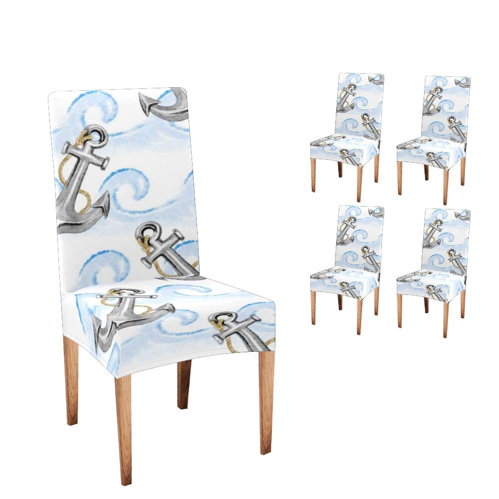 Premium CUXWEOT Dining Chair Covers Set of 4 - Soft, Comfortable Slipcovers with Nautical Anchor & Ocean Wave Design for Kitchen, Living Room & Party Decor | Water-Resistant Seat Protectors for Home & Restaurant Use