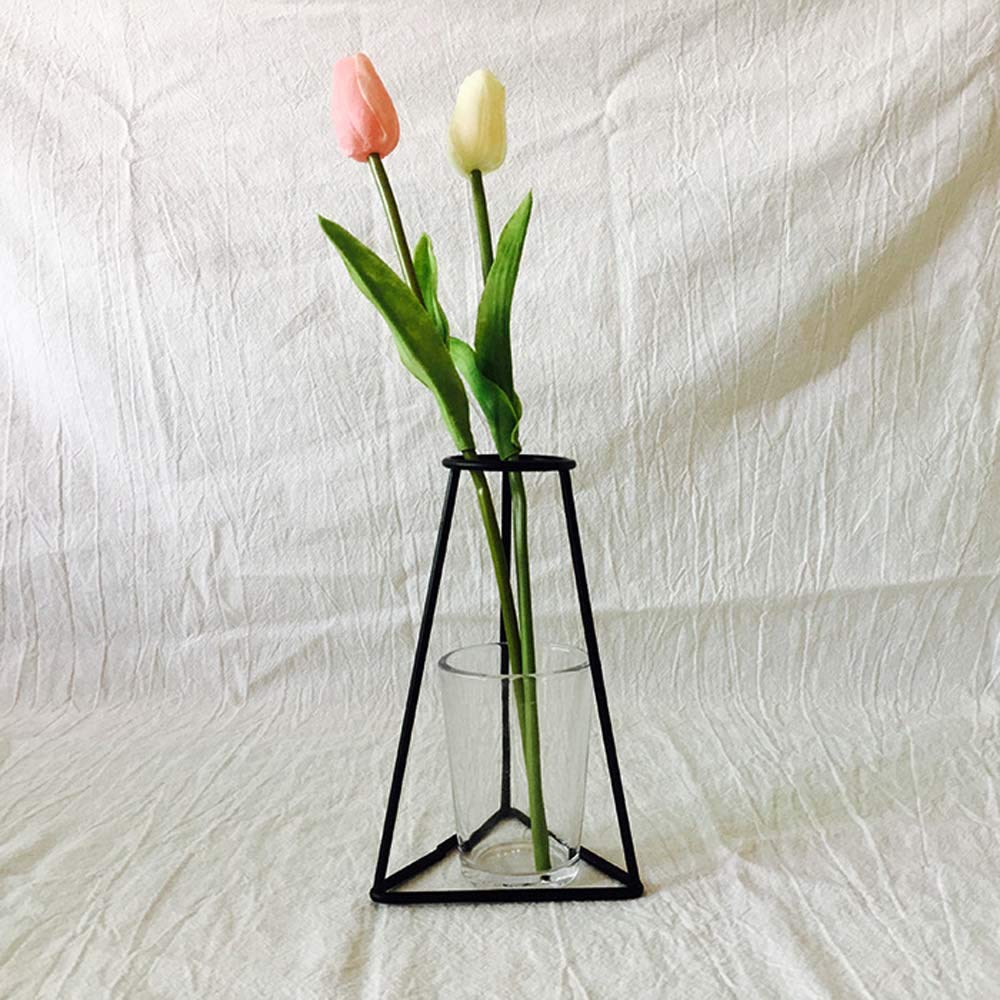 Nordic Style Metal Frame Vase - Geometric Black Retro Flower Vase & Plant Holder for Home, Office Decor - Perfect for Living Room, Dining Table, and Wedding Centerpieces