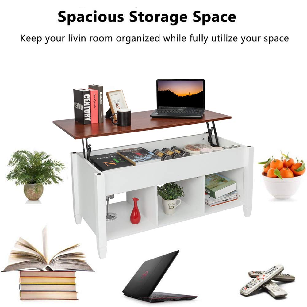 Modern Lift Top Coffee Table with Hidden Storage - White Wooden Living Room Furniture for Small Spaces | Convertible Desk & Organizer for Home Office, Dorm, Apartment