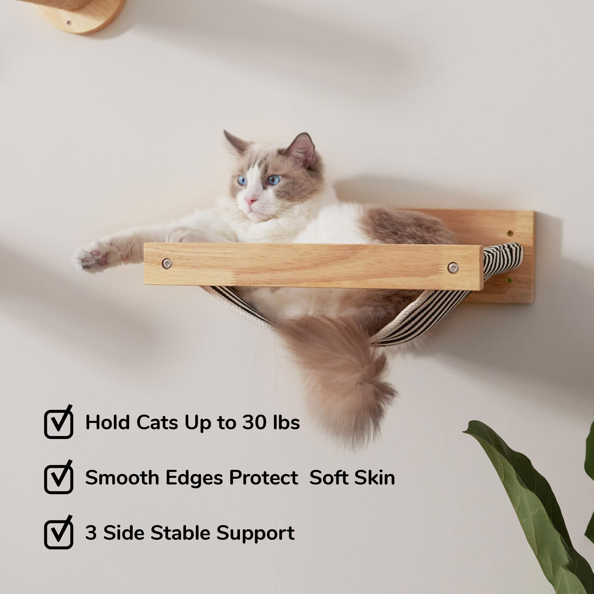 FUKUMARU Wall Mounted Cat Hammock Bed - Wooden Kitten Perch & Climbing Shelf for Sleeping, Playing, Lounging - Stable Cat Wall Furniture with Black Stripe Design - Perfect for Small Spaces & Multi-Cat Homes