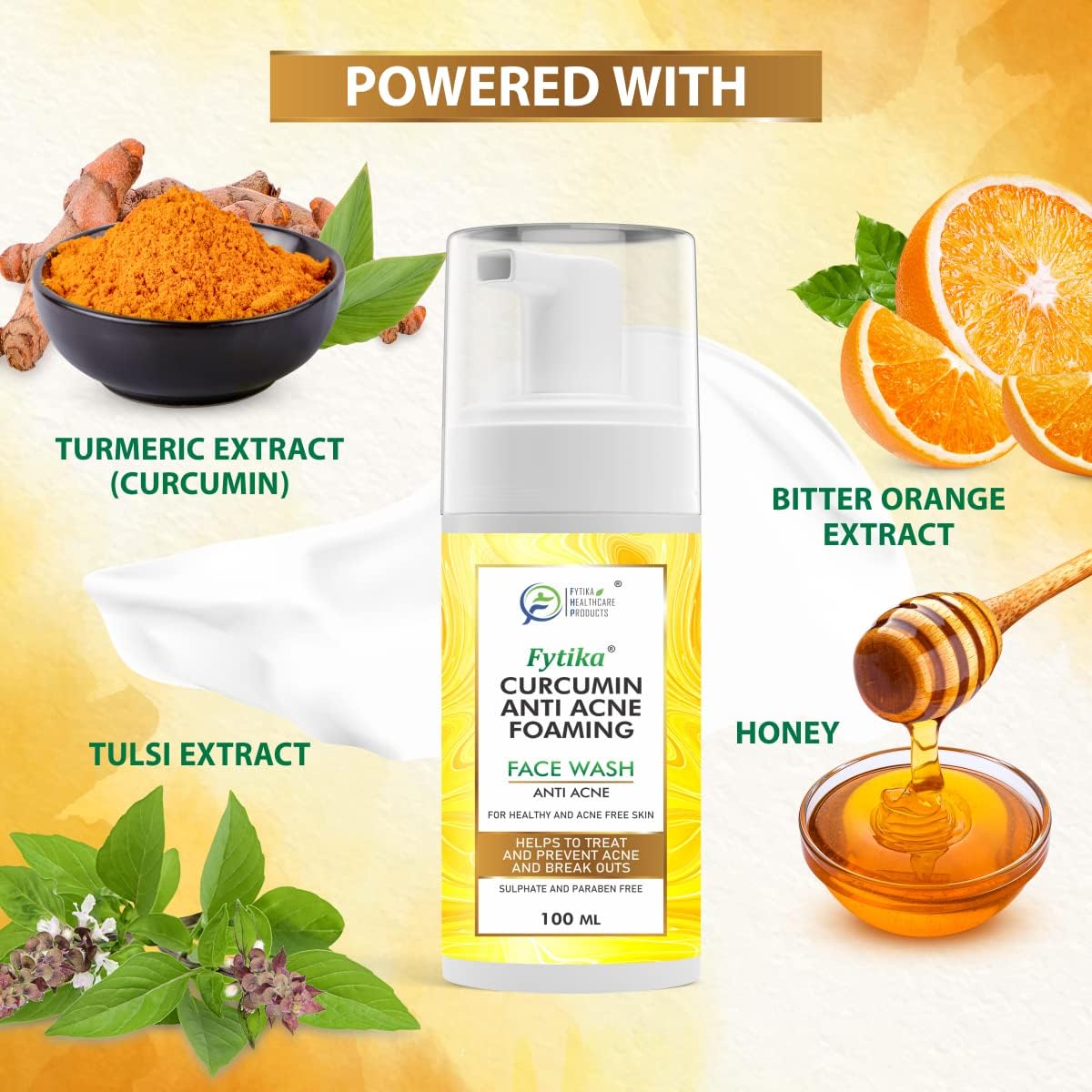 Anti-Acne Foaming Face Wash with Curcumin, Bitter Orange, Honey & Tulsi Extracts - Deep Cleansing & Exfoliating Acne Treatment for Women & Men | 100ml | Perfect for Daily Skincare & Preventing Breakouts