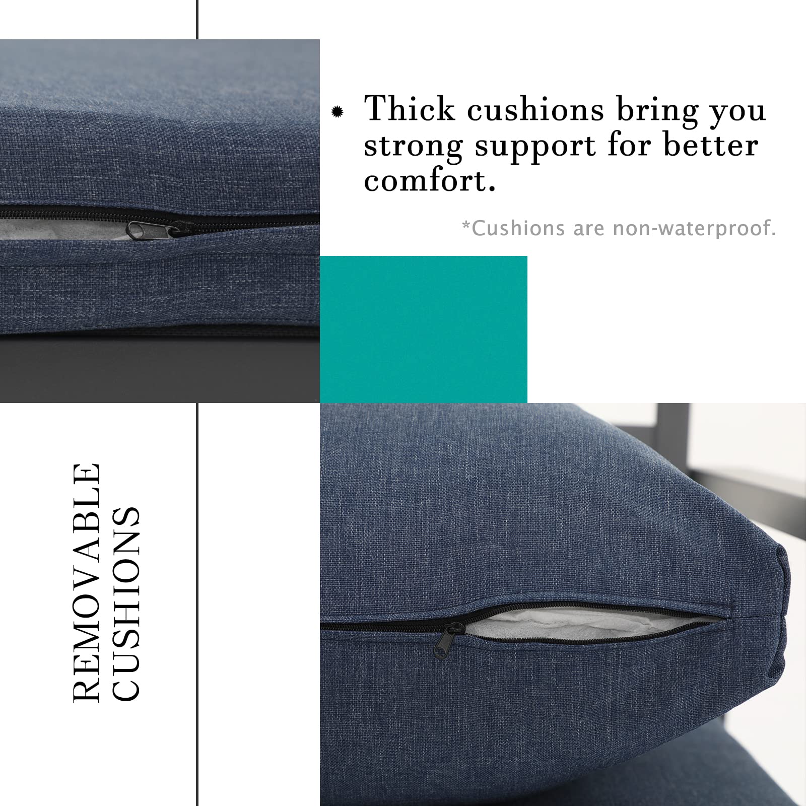 Soleil Jardin 4-Piece Aluminum Outdoor Patio Furniture Set with Removable Cushions & Tempered Glass Coffee Table - Dark Grey Frame & Denim Blue Cushions - Perfect for Garden, Backyard, Poolside & Patio Relaxation