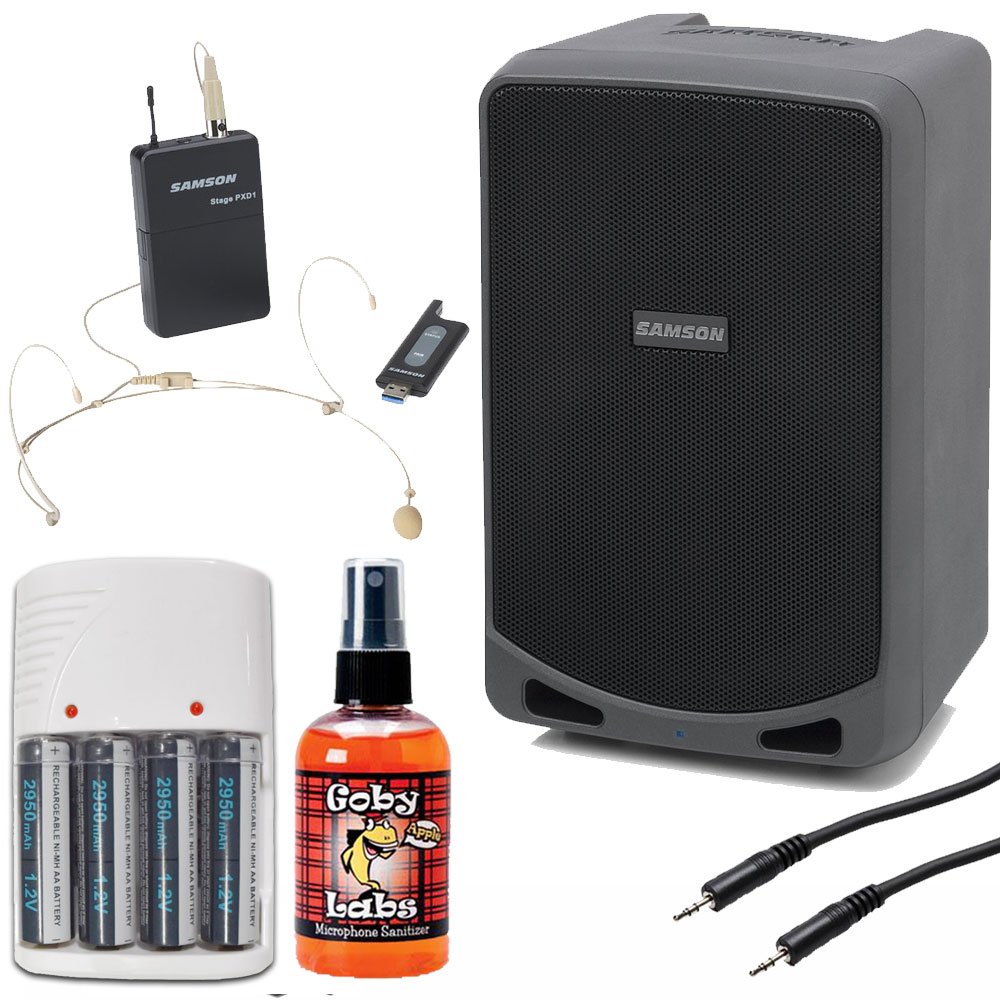 Samson Expedition XP106wDE Rechargeable Portable PA System with Wireless Headset, Bluetooth, Mic Sanitizer, Stereo Cable & 4 AA Batteries - Perfect for Outdoor Events, Parties, and Public Speaking
