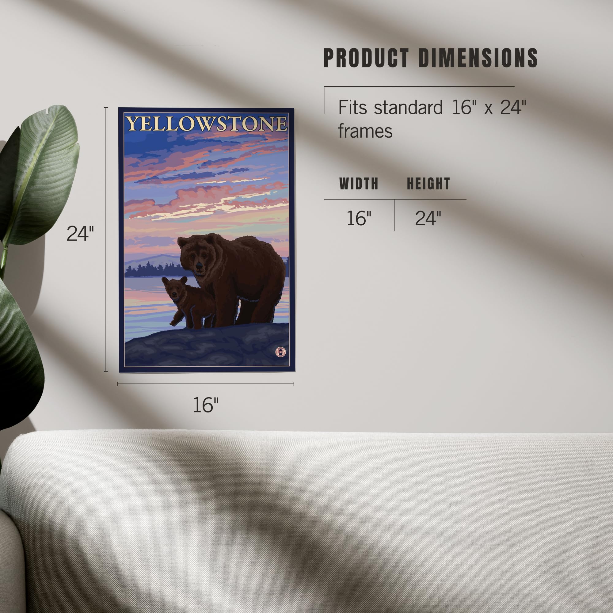 Lantern Press 16x24 Inch Giclee Art Print - Yellowstone National Park Landscape with Bear and Cub Wildlife Scene - Premium Wall Decor for Living Room, Bedroom & Office