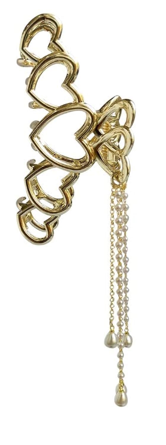 ANNACREATIONS Golden Heart Large Metal Pearl Hair Claw with Tassel - Women's Hair Clutch Accessory for Girls & Teens - Elegant Gold Hair Clip for Parties, Weddings & Daily Wear - Pack of 1