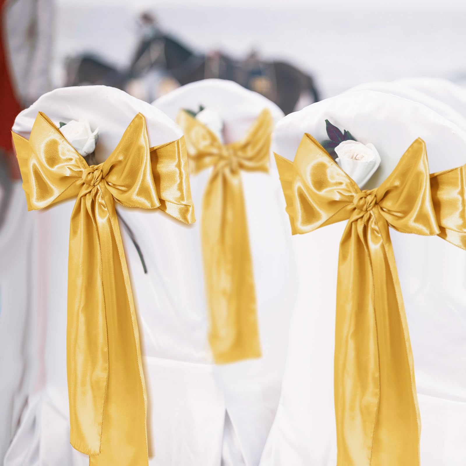 100 Pcs Wedding Chair Covers Set - 50 Stretch Spandex Chair Covers + 50 Decorative Elastic Sashes - Gold & White for Wedding Banquet, Party, Dining Room & Kitchen Decorations - Elegant Chair Bows for Bridal Showers, Receptions & Special Events