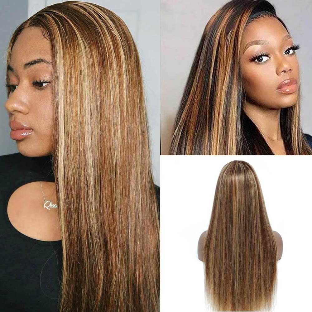West Kiss Highlight Lace Front Wig Human Hair - 18 Inch Honey Blonde Straight Glueless Wig with 4x4 Closure | Pre-Plucked Natural Hairline | Perfect for Black Women | Everyday Wear, Parties & Special Occasions