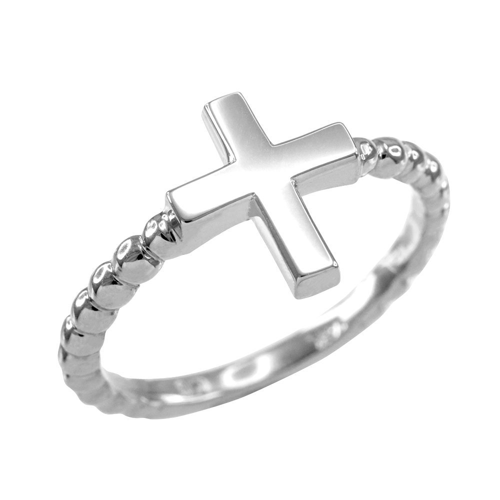 10K White Gold Dainty Beaded Band Flat Top Cross Ring - Elegant Christian Jewelry for Women, Perfect for Church, Weddings & Everyday Wear