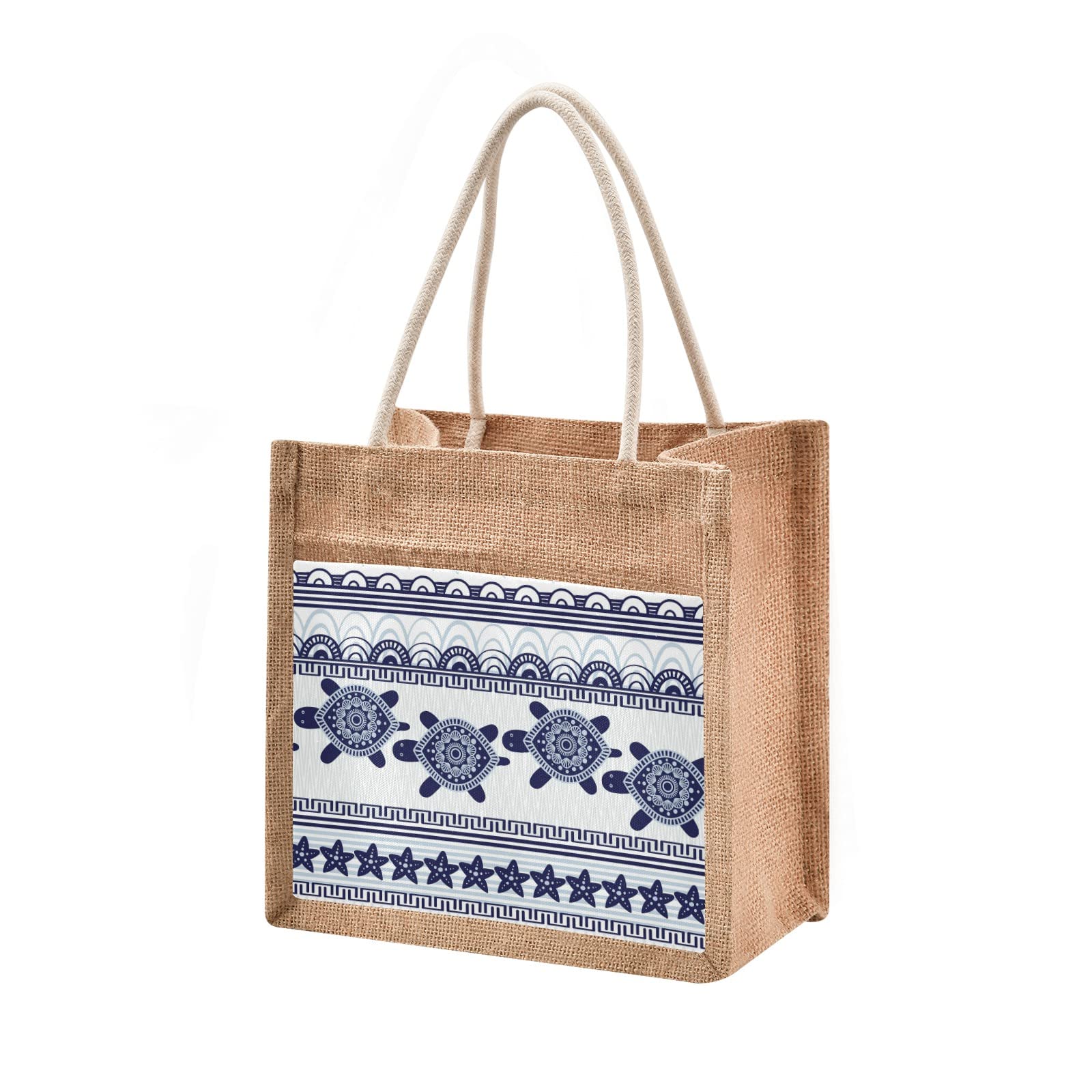 Eco-Friendly Boho Turtle Wave Jute Tote Bag with Zipper & Handles - Reusable Grocery Shopping Bag with Front Canvas Pocket - 10x10 Inch Beach Tote for Women, Market, Travel & Picnic