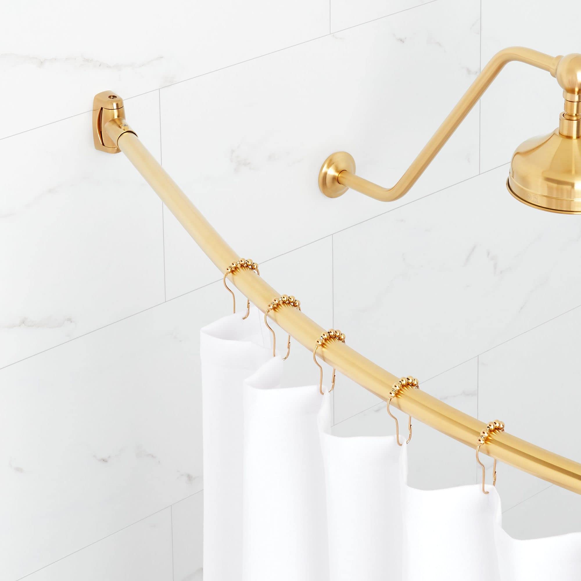 Signature Hardware 466758 60-Inch Curved Brass Shower Rod in Brushed Gold - Heavy Duty Bathroom Shower Curtain Rod for Walk-In Showers and Bathtubs - Rust-Resistant & Adjustable Design