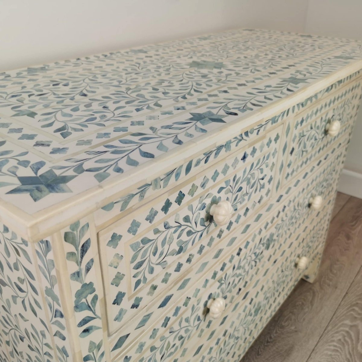 Handmade Bone Inlay Dresser with Floral White & Blue Design - 4 Drawer Storage Chest for Bedroom, Living Room, or Entryway Organization